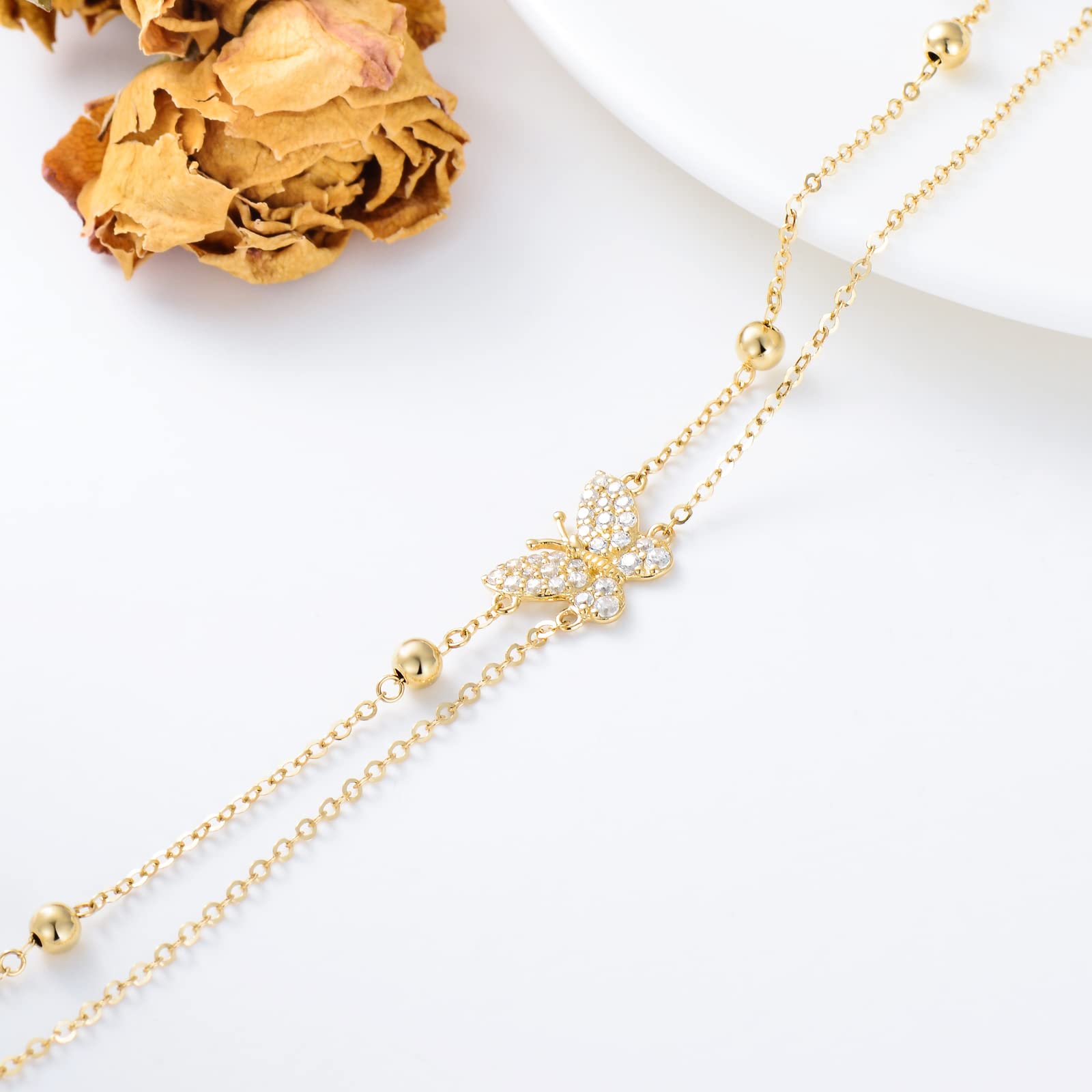 14K Solid Gold Butterfly Anklet Bracelet for Women - Real Gold Layered Beach Foot Chain - Elegant Fine Jewelry Gift for Wife, Mom, Anniversary, Birthday - 8