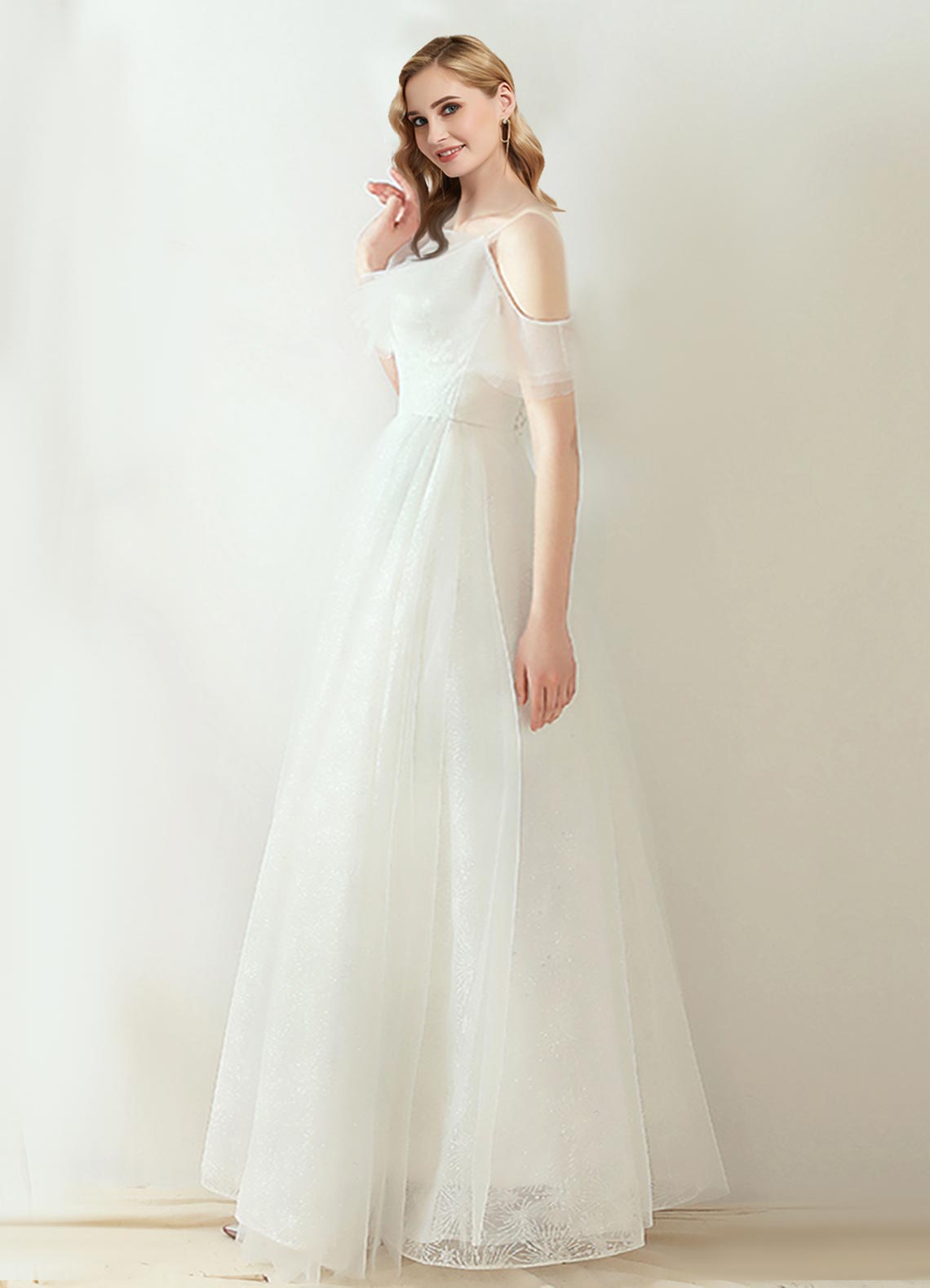 Elegant A-Line Lace-Up Wedding Dress with Ruffle Sleeves - Slim Fit Bridal Gown for Church Ceremony, Beach Wedding & Romantic Photoshoot