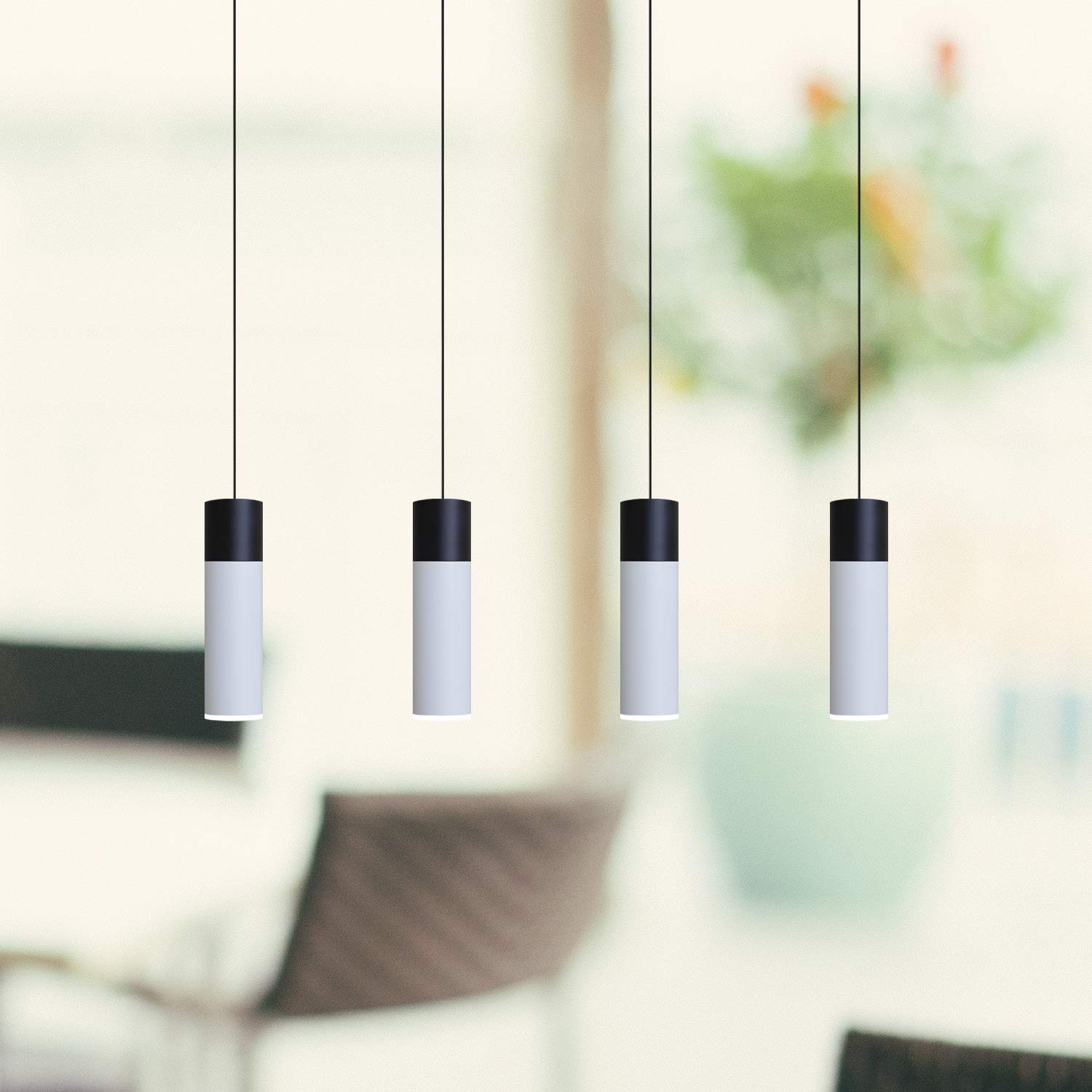 Vela 4 Mini Pendant Lighting Set - Modern Black & White LED Hanging Light Fixture for Kitchen Island, Bar Counter, Dining Room & Foyer - Adjustable Dimmable Cluster Pendants with Included Bulbs - Perfect for Home Decor, Restaurant Lighting & Commercial Spaces