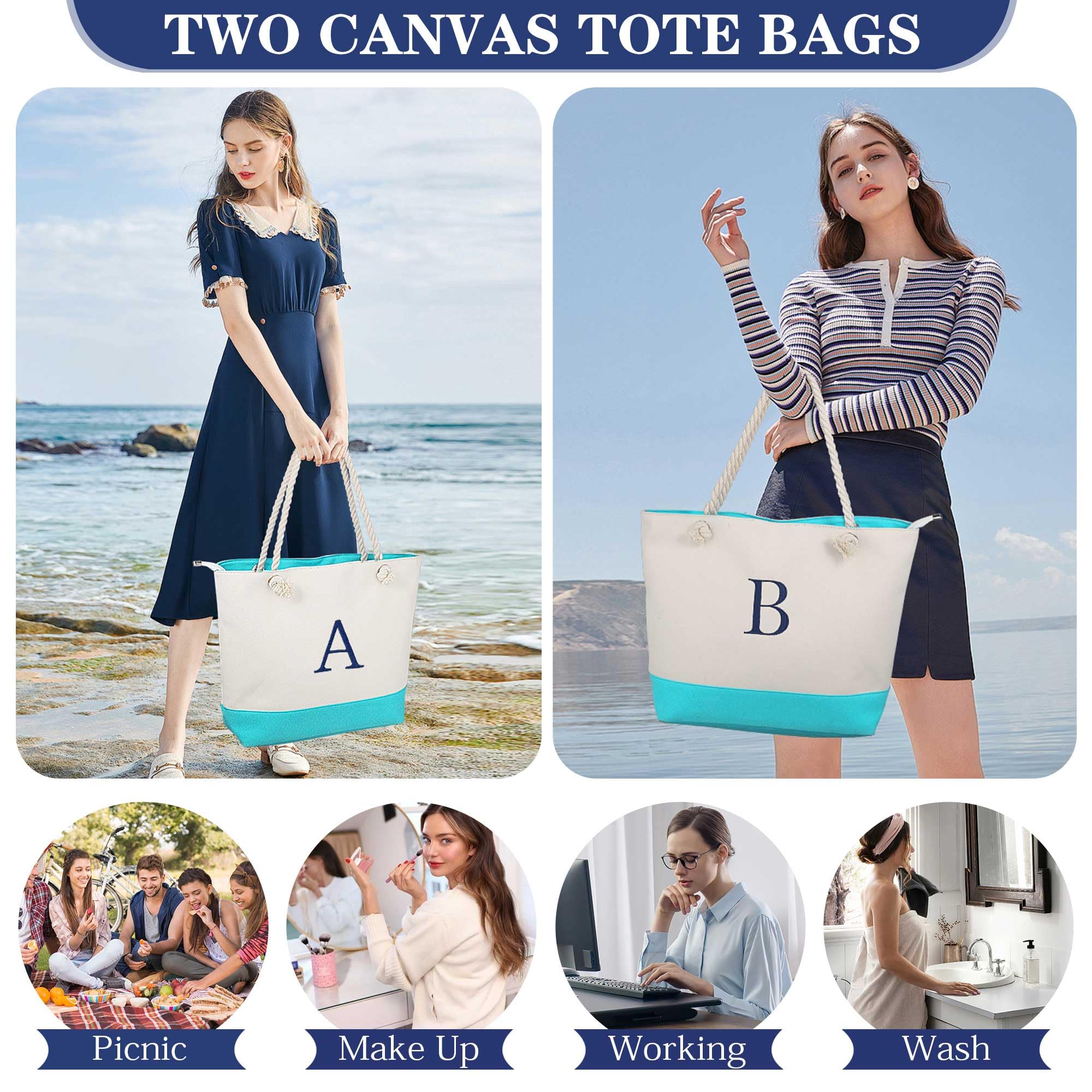 Personalized Initial Canvas Beach Tote Bag & Makeup Pouch Set - Monogrammed Gifts for Women, Best Friend Birthday Present - Perfect for Vacation, Pool Day & Travel Accessories