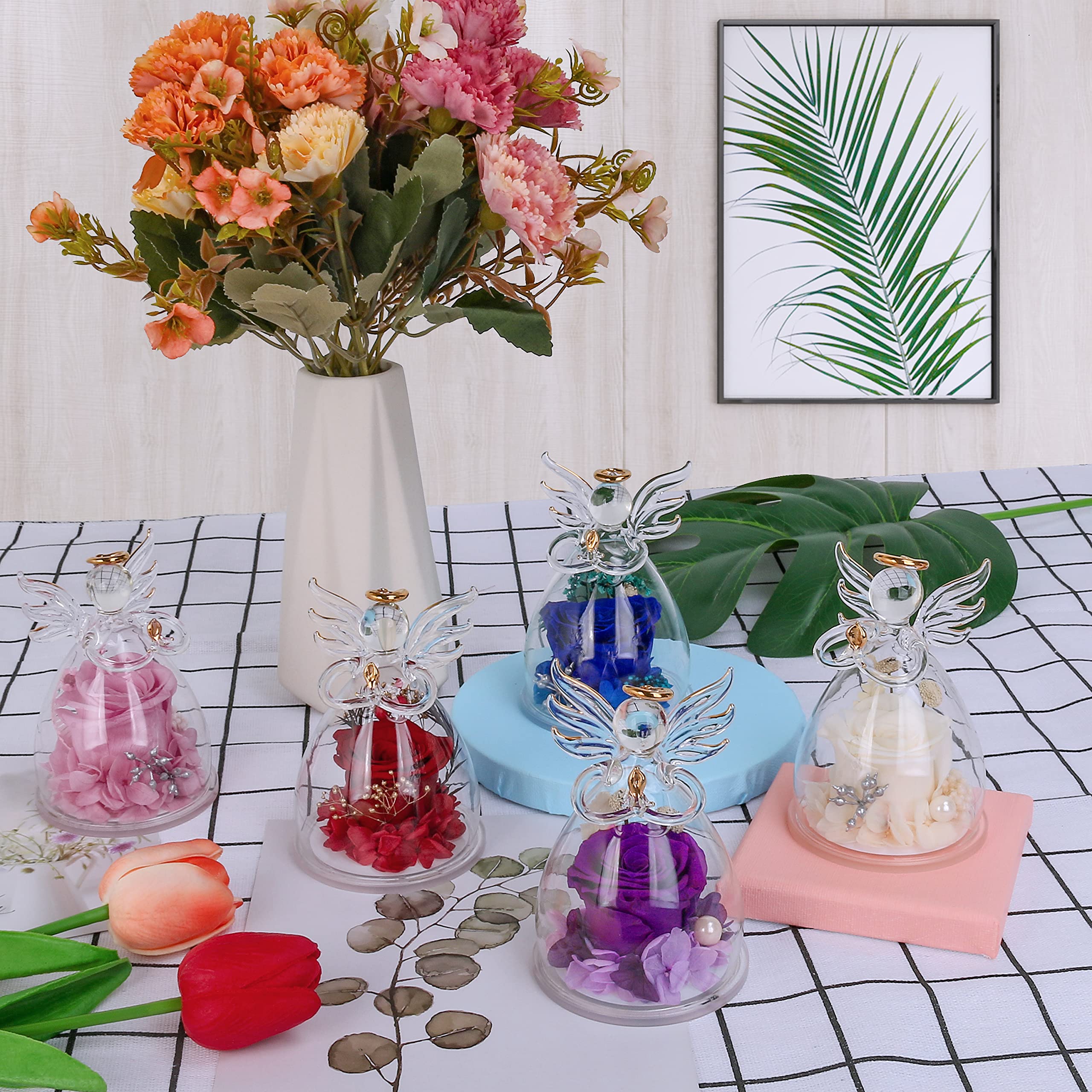 Preserved Rose in Glass Angel Figurine - Mother's Day Gift, Birthday Present for Women, Mom Gift from Daughter, Pink Flower Angel Keepsake for Grandma, Wife, Sister - Perfect for Home Decor, Wedding Favors, and Special Occasions