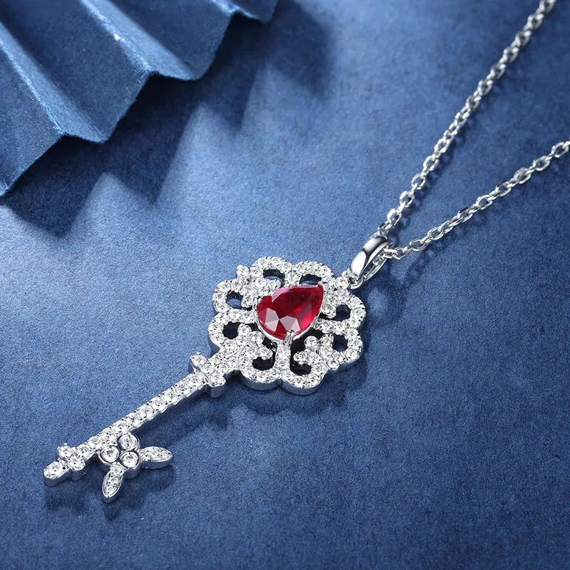 18K White Gold 1.1ct Pear-Shaped Lab Ruby Open Heart Key Pendant Necklace for Women - Elegant Fashion Jewelry for Valentine's Day, Anniversary & Romantic Gifts