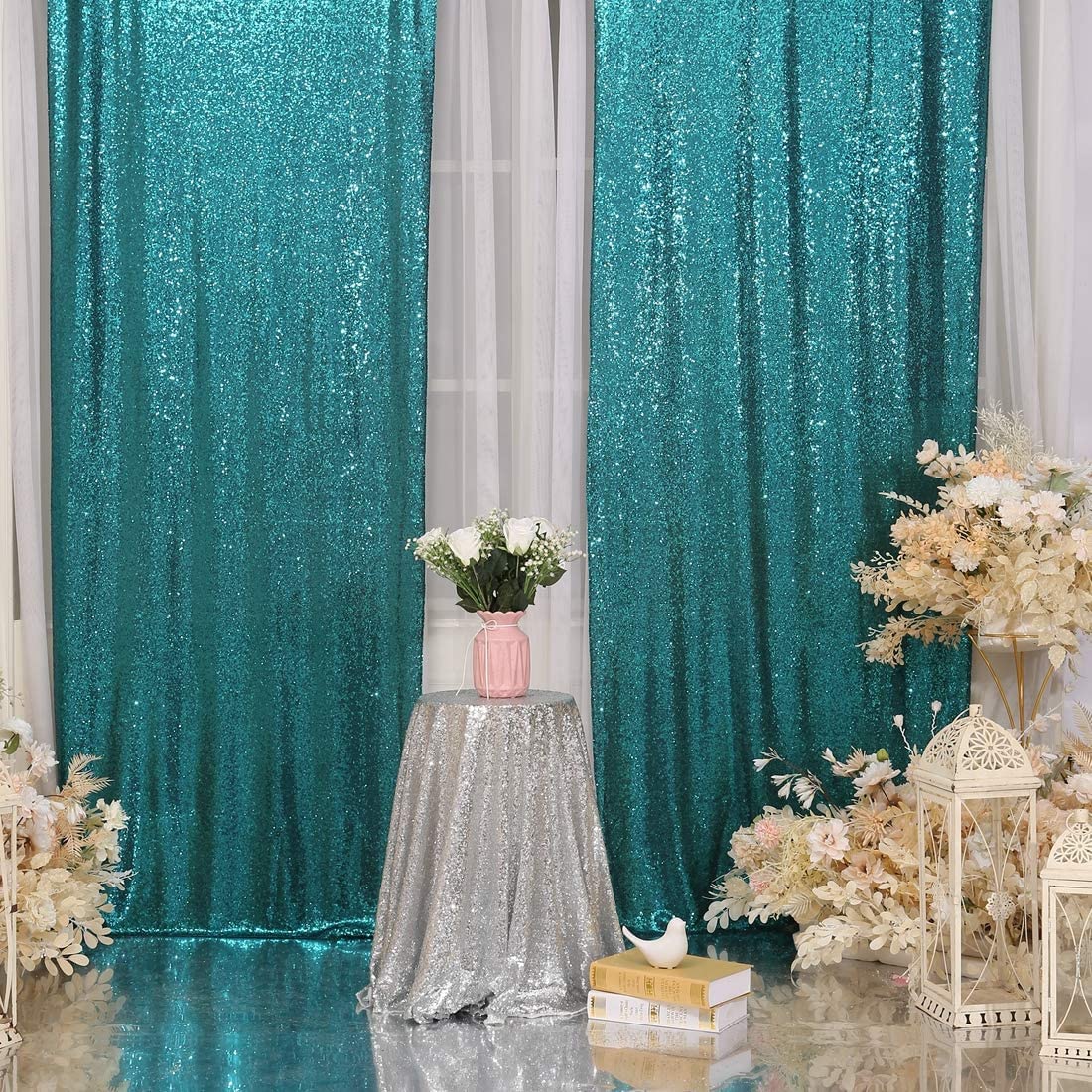 2 Pack Teal Sequin Photography Backdrop - 2ft x 8ft Shimmery Curtain for Wedding Decor, Party Background, Photo Booth & Special Events - Perfect for Birthday Celebrations, Baby Showers & Festive Occasions