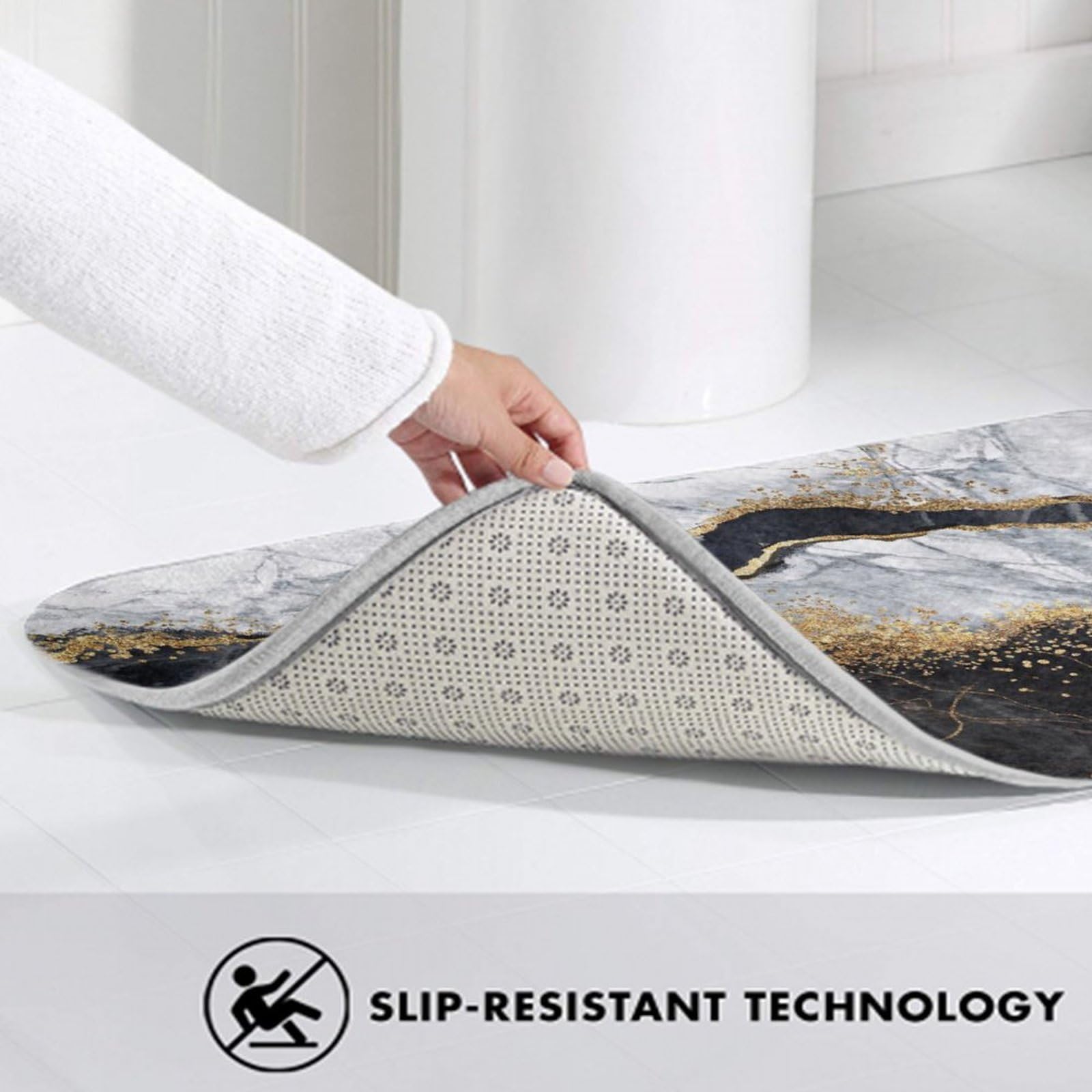 Premium Non-Slip 3-Piece Bathroom Rug Set - Soft Gold Black & White Marble Design - Machine Washable Bath Mats for Toilet & Shower - Perfect for Modern Bathrooms & Spa-Like Retreats