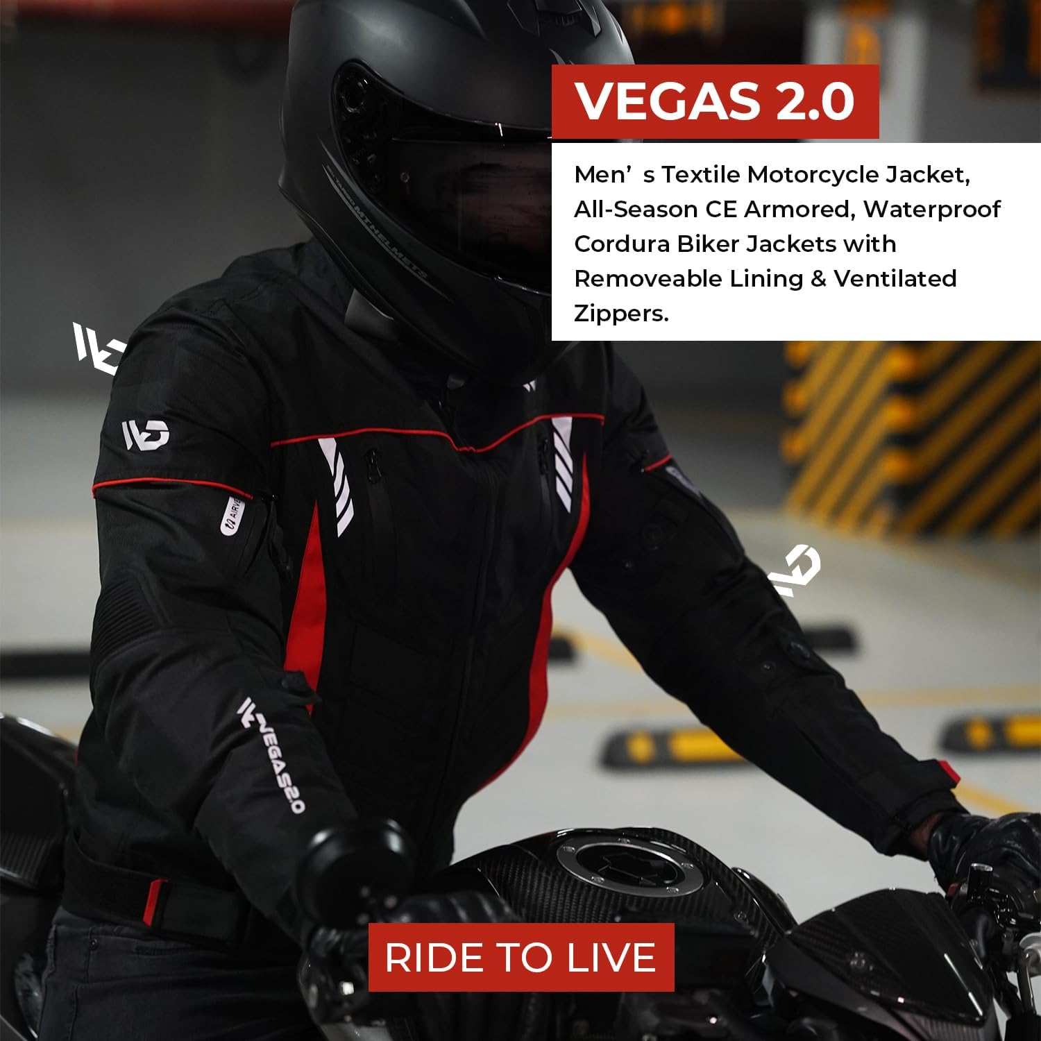 WD Men's CE Armored Motorcycle Jacket - Breathable Cordura Fabric with Padding & Reflective Strips for Night Visibility - Vegas 2.0 Powersports Protective Gear (Red, 4XL) - Ideal for Street Riding, Commuting & Adventure Tours
