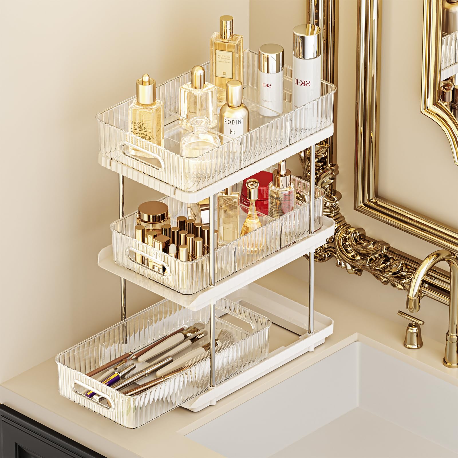 ESTHELLO 3-Tier Bathroom Counter Organizer - Vertical Space Saving Storage Shelf for Small Bathrooms | Vanity Organizer with Multi-Functional Design in Ivory White | Perfect for Makeup, Skincare & Toiletries Organization