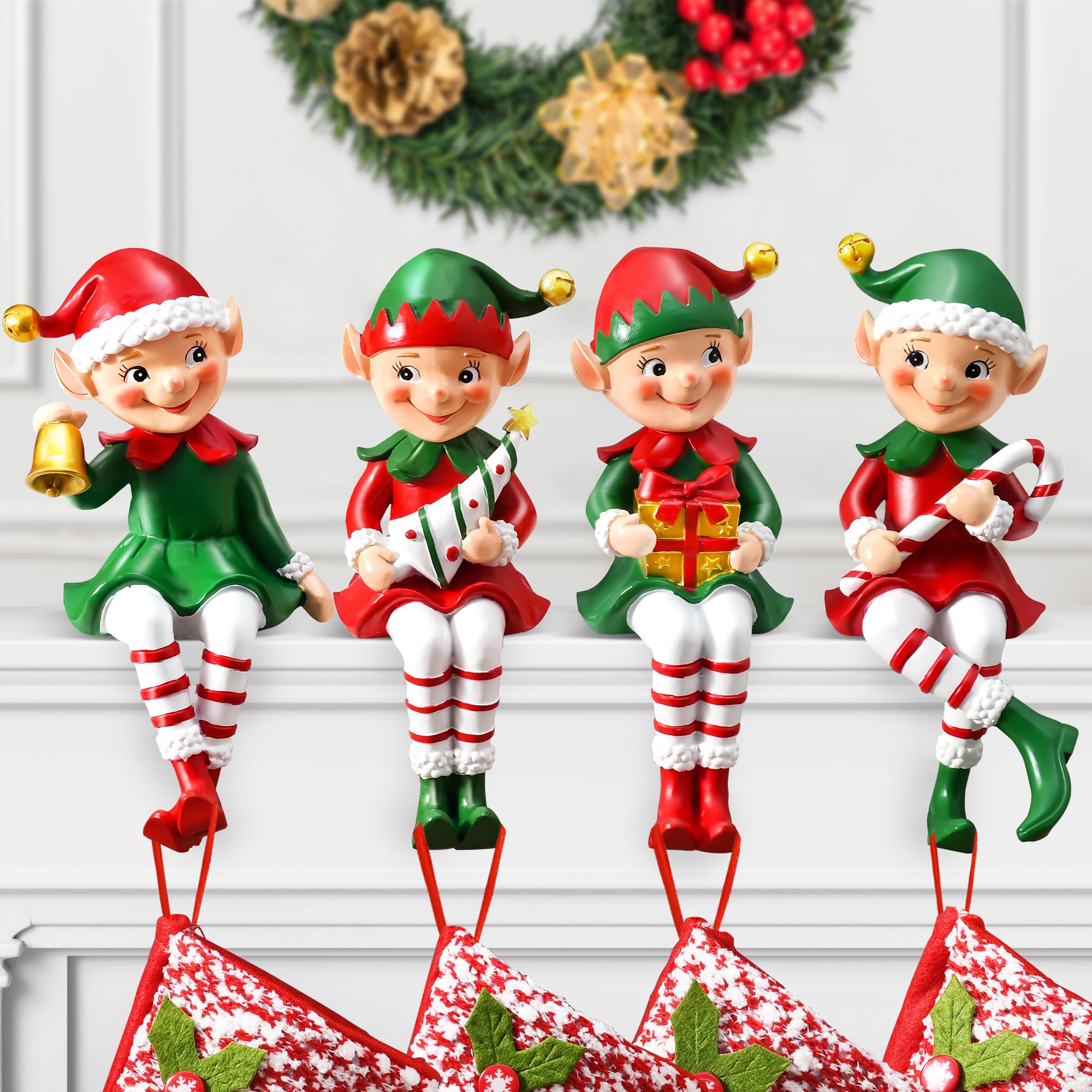 Christmas Stocking Holders for Mantel - Set of 4 Non-Slip Elf Hangers with Hand-Painted Design | Fireplace Decorations for Holiday Home Décor | Perfect for Christmas Tree, Gift Exchange & Family Gatherings