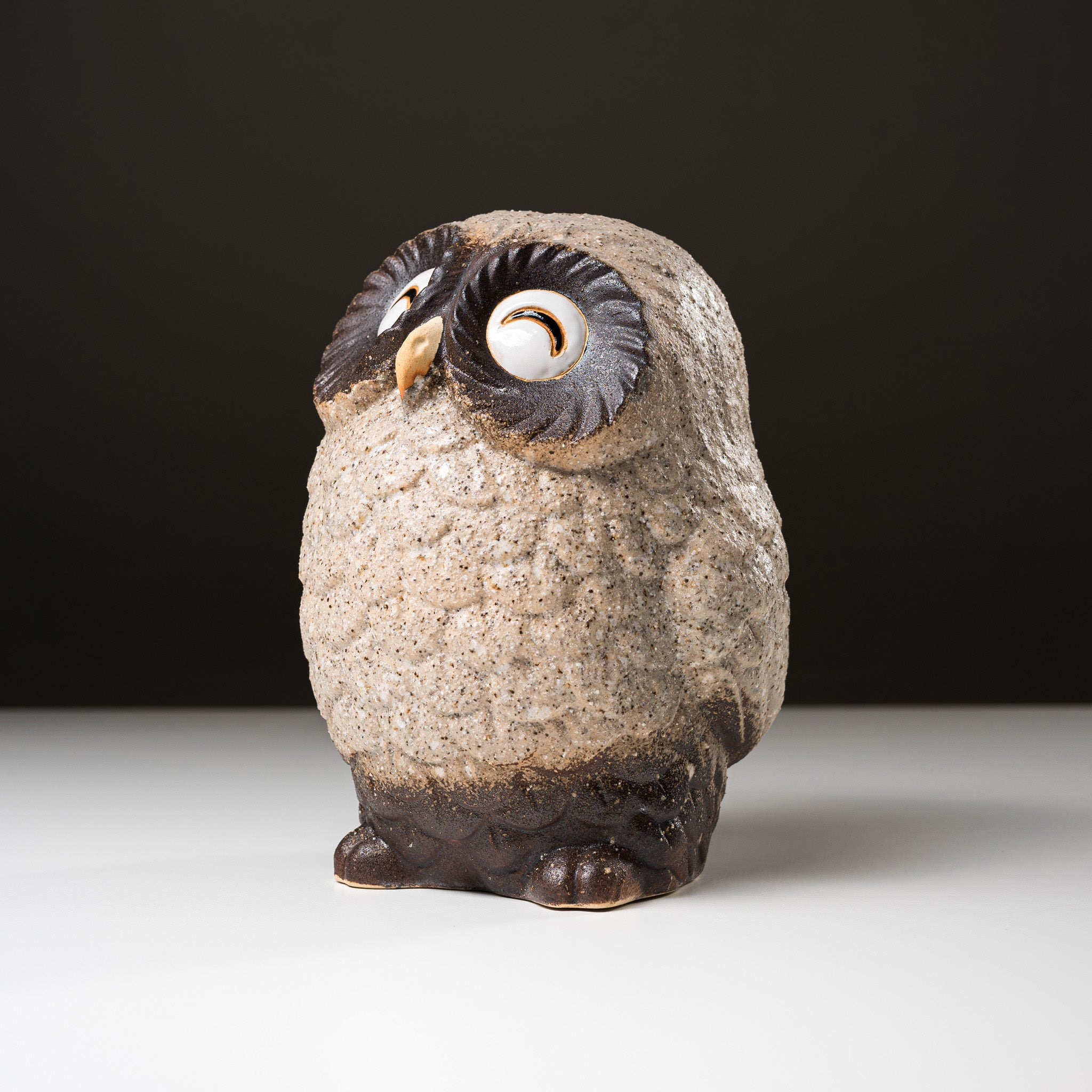 Shigaraki Ware Lucky Owl Ornament - 20cm Handmade Ceramic Smiley Bob Figurine, Japanese Traditional Pottery for Home Decor, Office Desk & Gift Giving