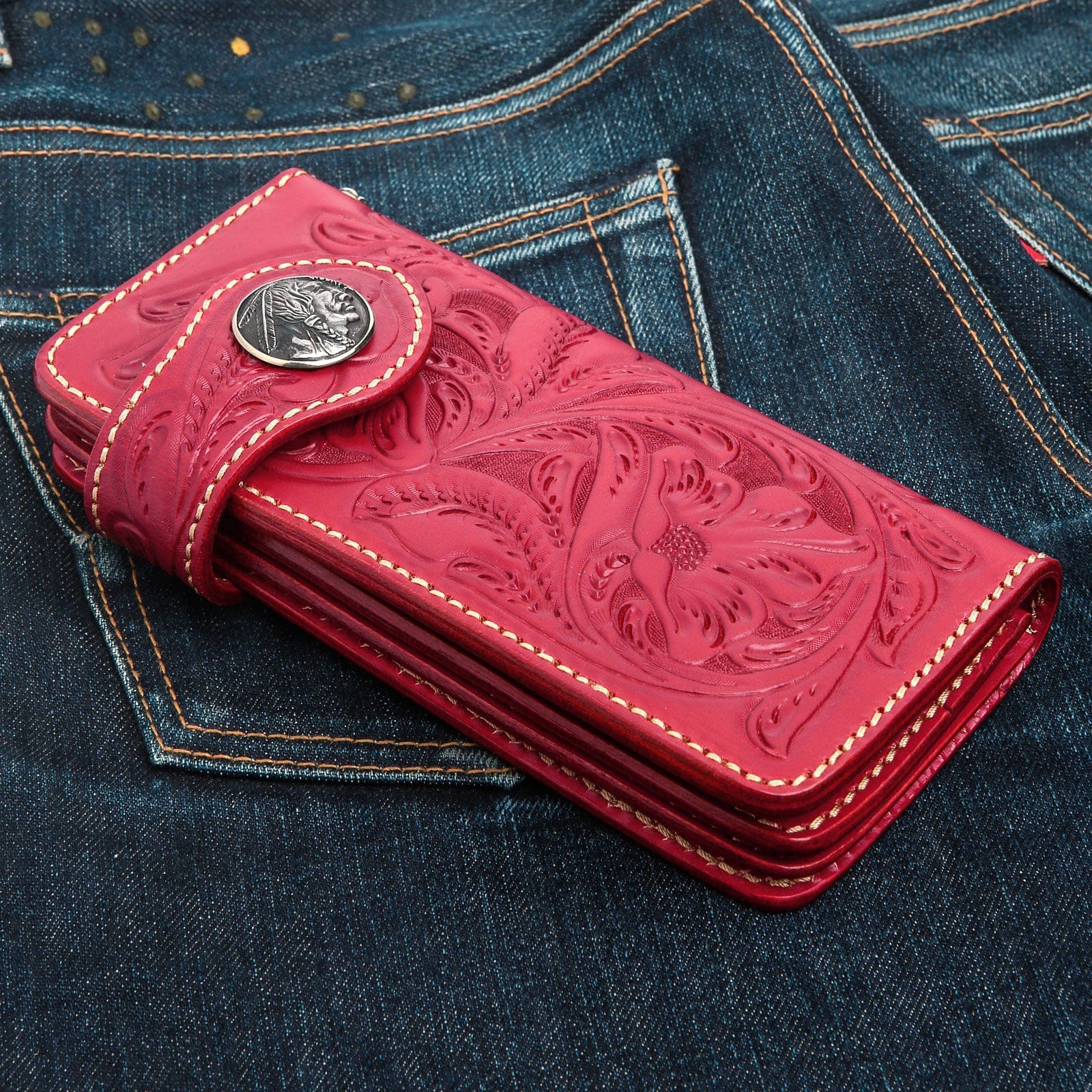 Premium Genuine Red Indian Leather Biker Wallet for Men - Stylish & Durable RFID Blocking Wallet for Motorcycle Riders, Travel & Everyday Use