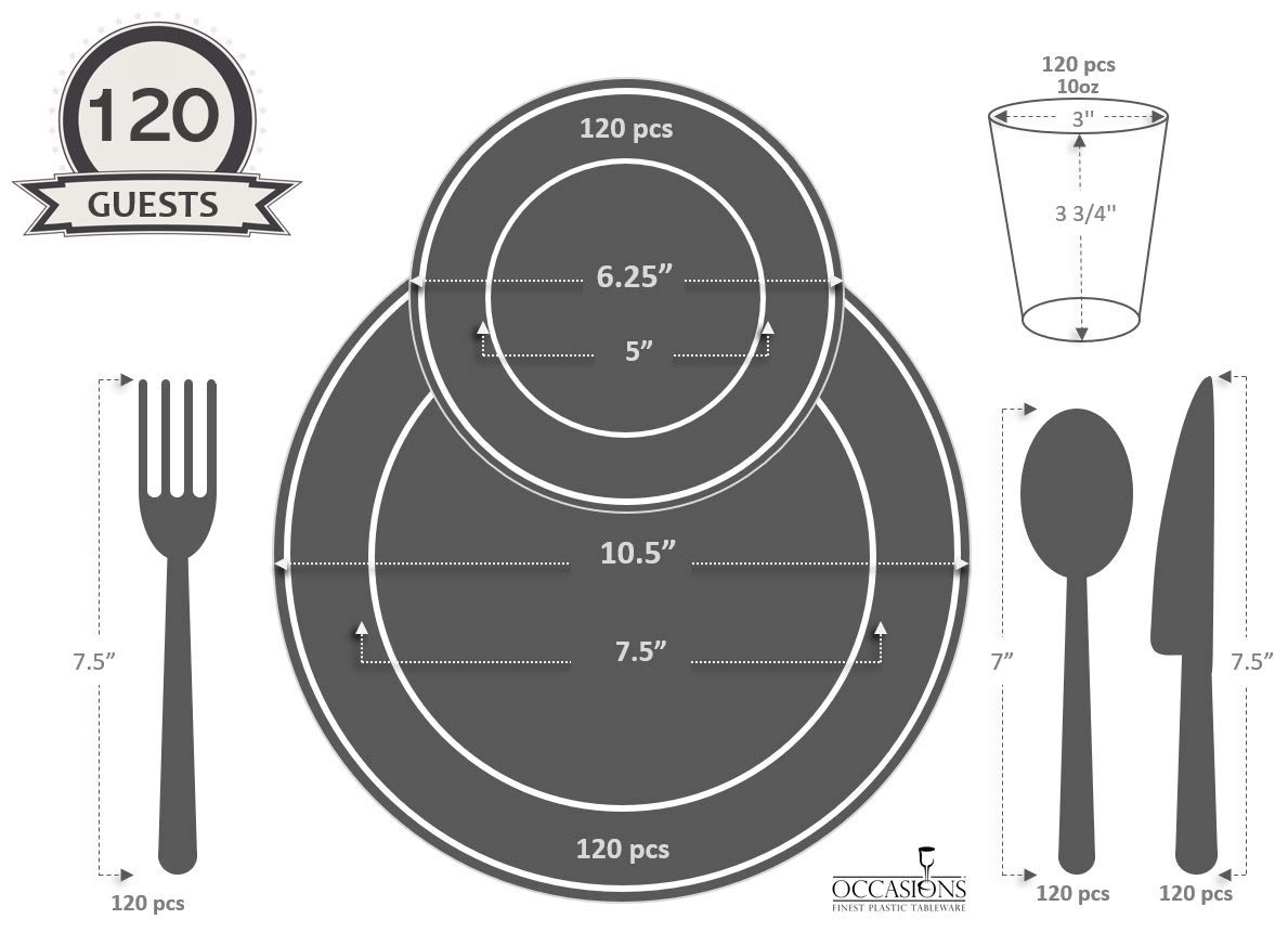 840-Piece Heavyweight Disposable Plastic Plate Set for Weddings & Parties - Includes 120 x 10.5'' Dinner Plates, 120 x 6.25'' Dessert Plates, Silverware, Cups & Napkins (Plain White) - Perfect for Large Gatherings, Catering Events & Special Occasions