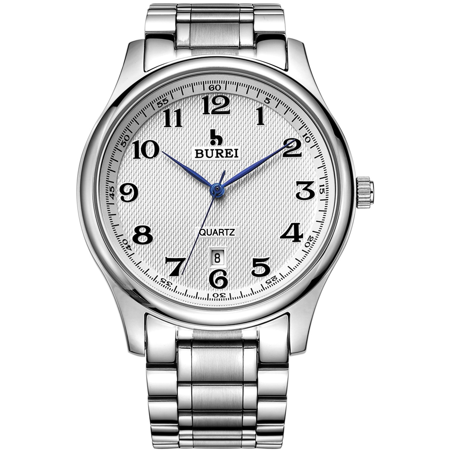 BUREI Men's Luxury Stainless Steel Quartz Watch with Date - Waterproof, Easy Read Arabic Numerals - Perfect for Business, Casual & Outdoor Activities