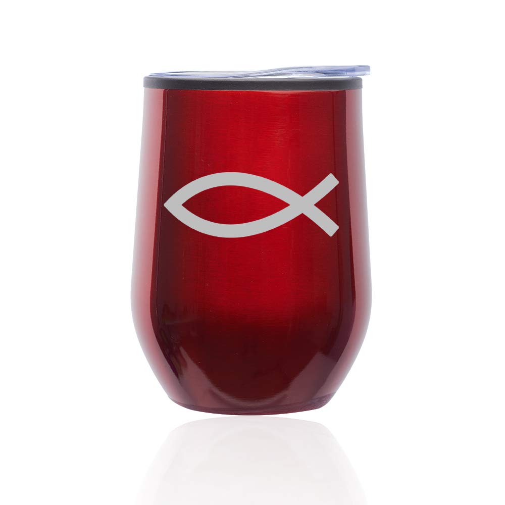 Stemless Wine Tumbler with Lid - Insulated Coffee Travel Mug Glass with Christian Fish Symbol - Perfect for Home, Office & Travel (Red)