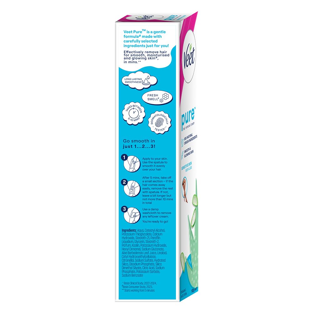 Veet Pure Hair Removal Cream for Women - Sensitive Skin Formula, 100g | Painless & Gentle Depilatory for Legs, Underarms, Bikini Line & Arms | At-Home Smooth Skin Solution for Summer, Beach & Daily Care