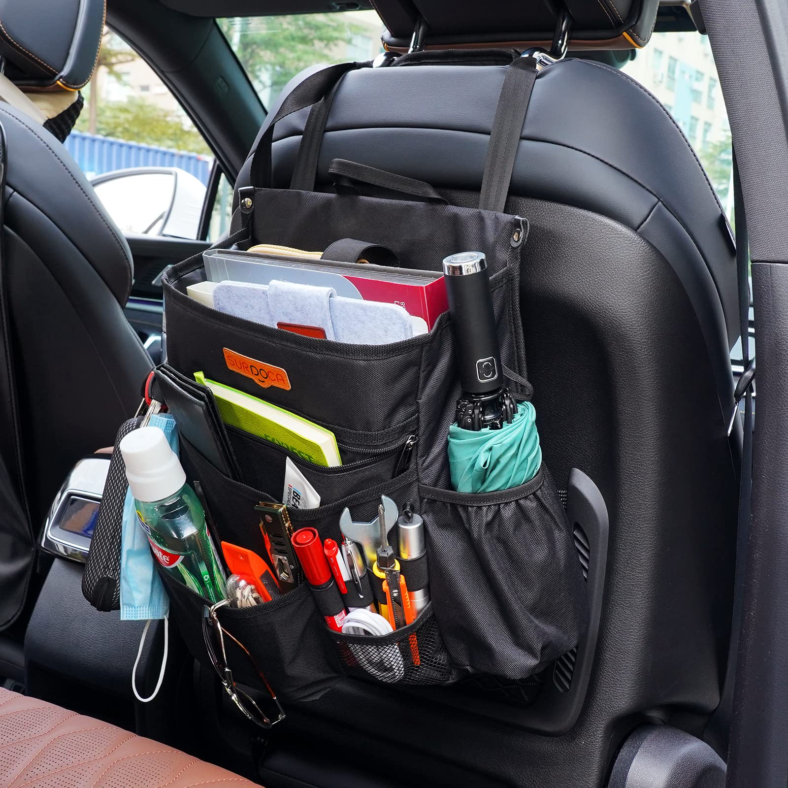 SURDOCA Car Seat Organizer with Laptop & Tablet Storage Pockets - Adjustable Shoulder Strap, Seatback File Organizer for Office Commute & Road Trips - Universal Fit for Most Vehicles (Black)