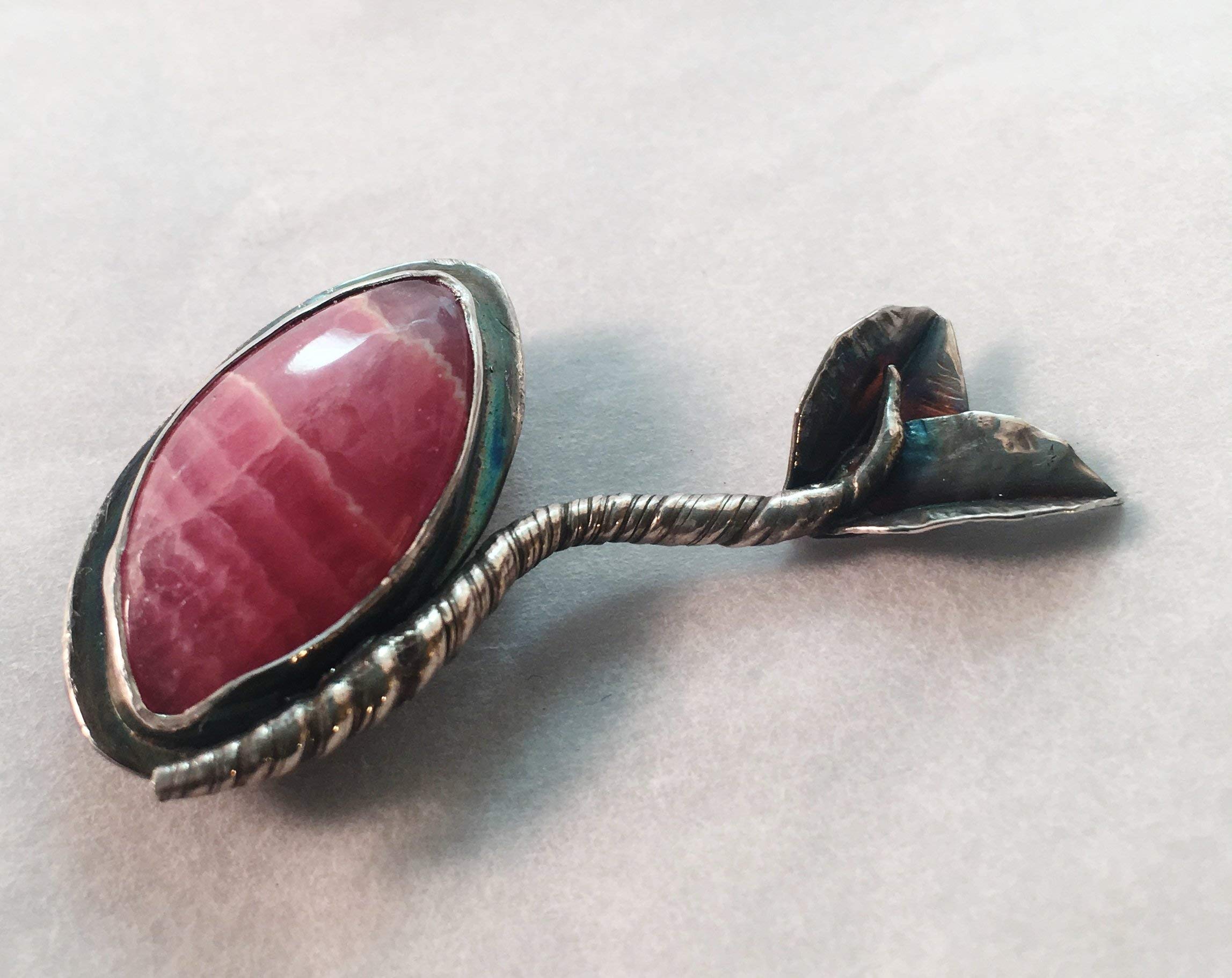 Pink Rhodochrosite Gemstone Sterling Silver Brooch Pin with Handforged Leaves - Elegant Jewelry for Women, Perfect for Weddings, Parties & Special Occasions