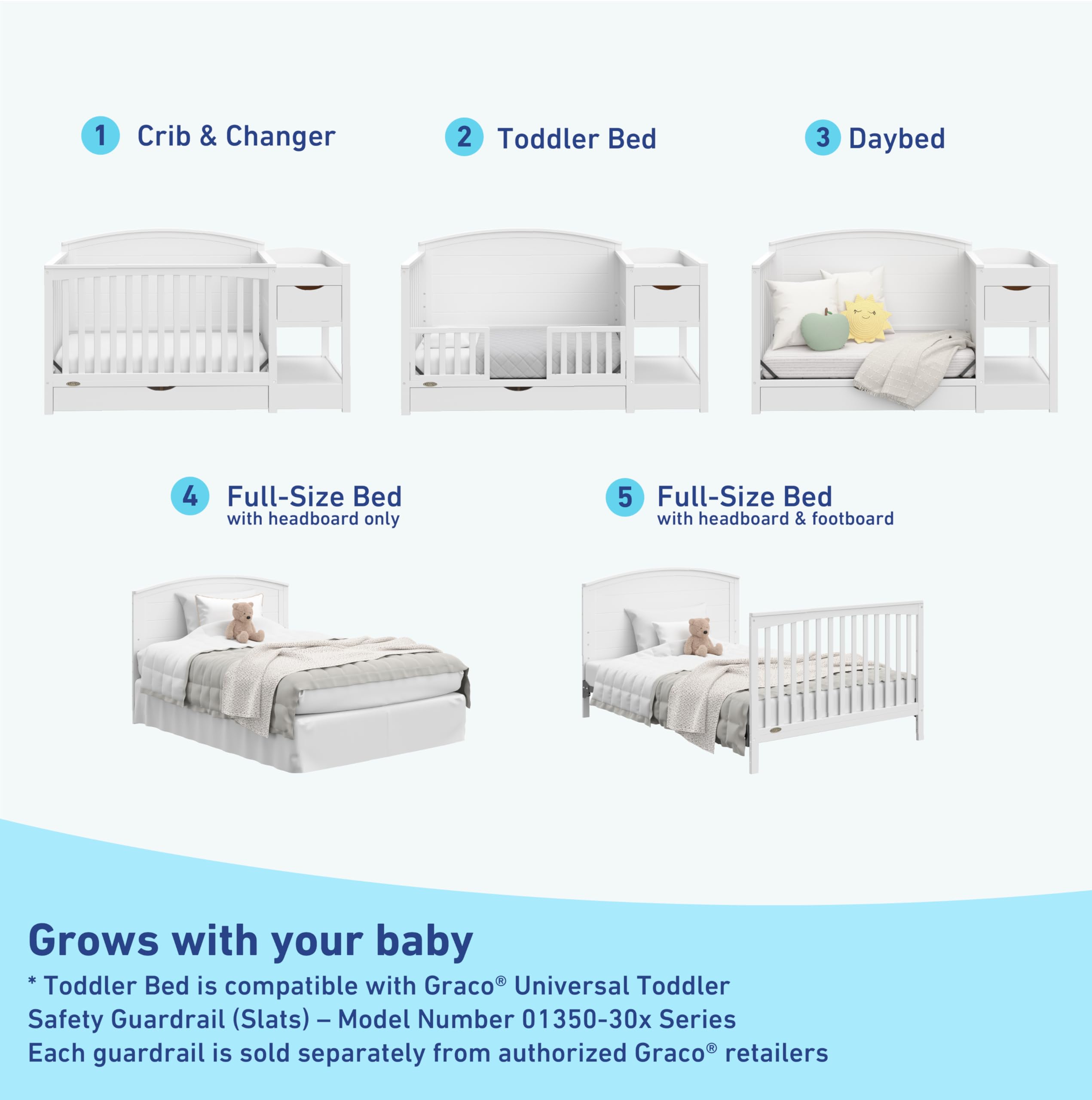 Graco Bellwood 5-in-1 Convertible Crib & Changer with Storage Drawer (White) - GREENGUARD Gold Certified, Converts to Toddler Bed & Full Bed, Nursery Furniture for Baby & Kids Room, Modern & Space-Saving Design