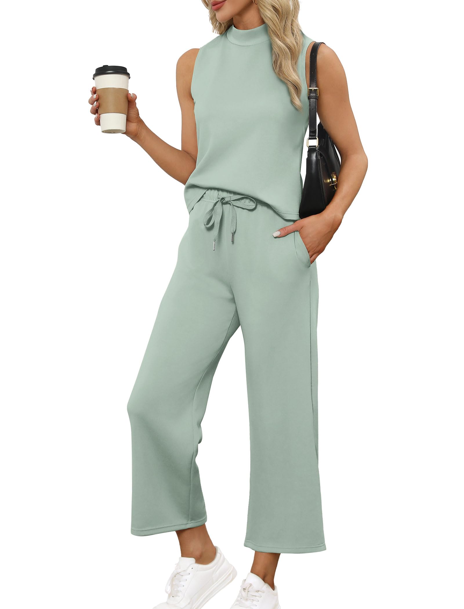 Women's Summer Two Piece Sets - Mock Neck Tops & Wide Leg Crop Pants Lounge Outfits | Casual Vacation Travel Clothes | Perfect for Beach Getaways, Weekend Brunch & Relaxing at Home