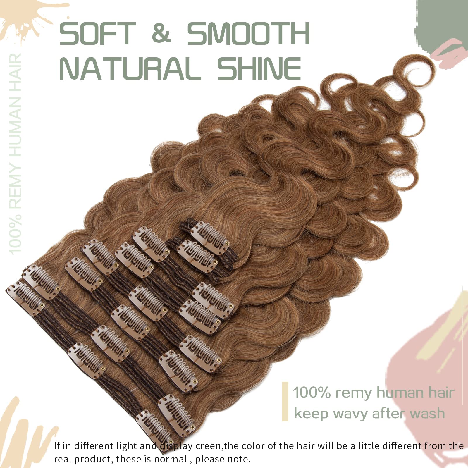 S-noilite 18 Inch Clip in Human Hair Extensions - 100% Remy Human Hair, Double Weft, Wavy/Curly Style (8 Pieces, 18 Clips, 140g, Light Brown #06) - Perfect for Parties, Weddings & Daily Styling