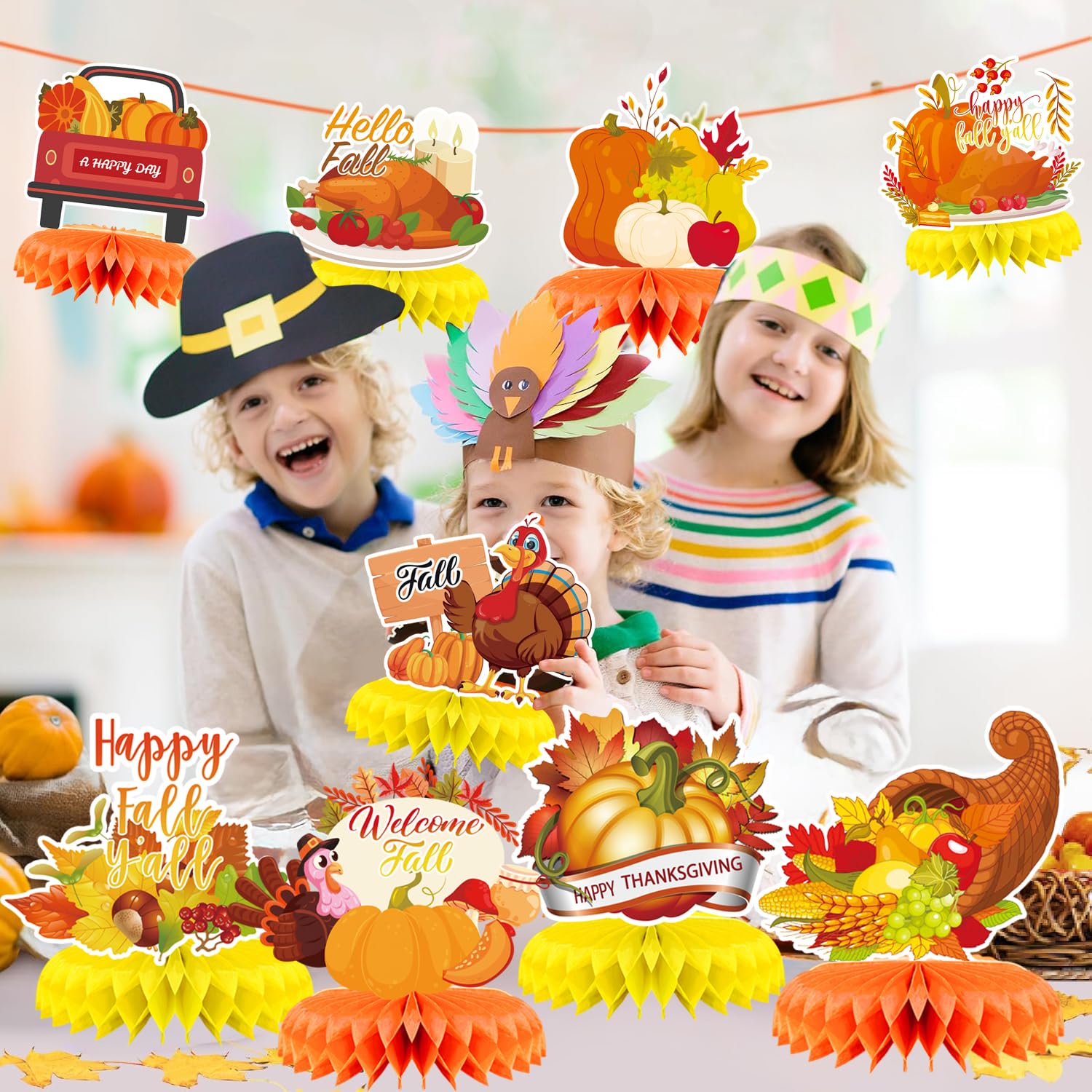 9Pcs Fall Table Centerpiece Decor Set - Thanksgiving Turkey & Pumpkin Honeycomb Decorations for Autumn Parties, Birthday, and Holiday Table Decor | Perfect for Thanksgiving Dinner, Harvest Festival, and Seasonal Home Decor