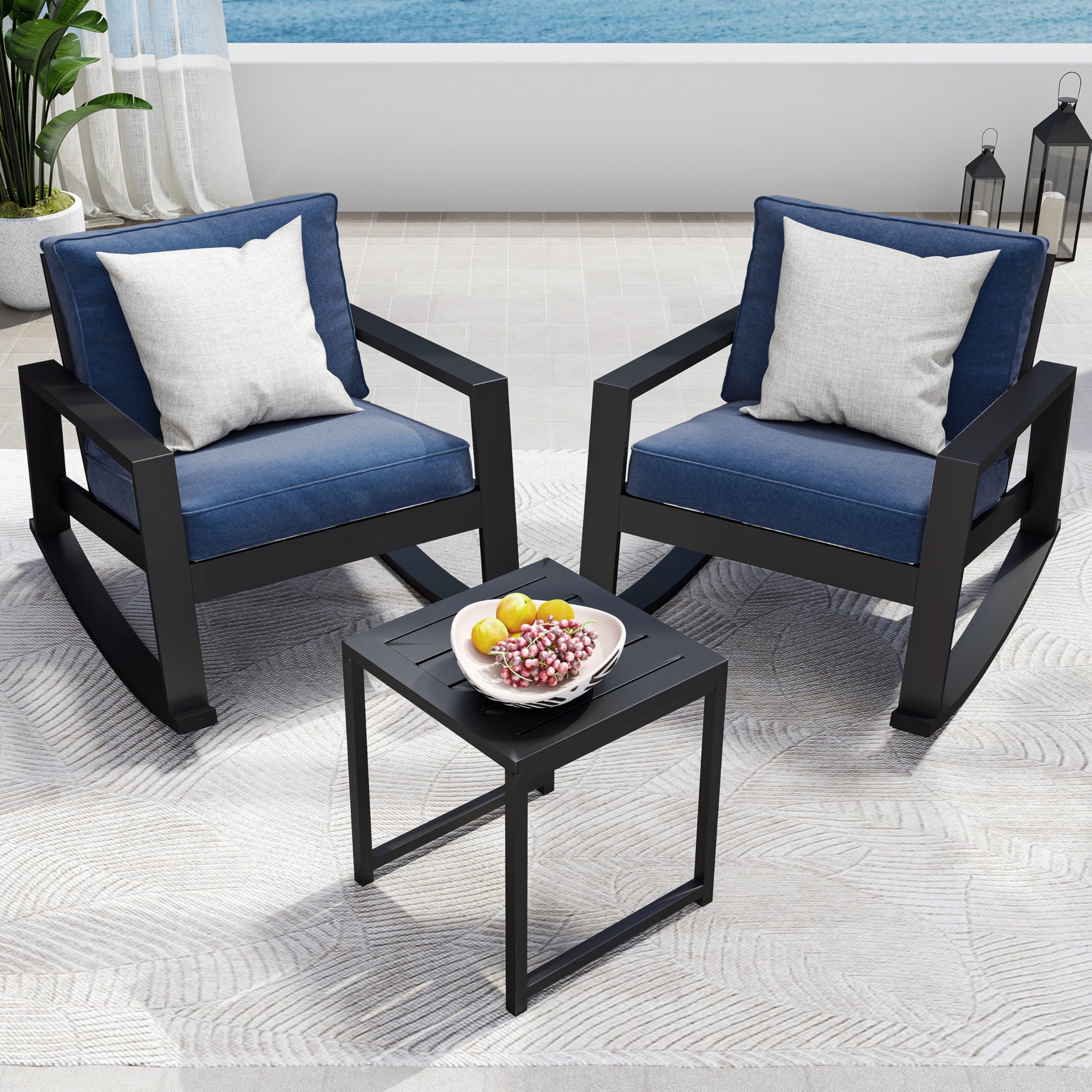 Solaste 3-Piece Aluminum Outdoor Rocking Bistro Set - Water-Resistant Metal Patio Conversation Furniture with Oversized Rocking Chairs for Porch, Backyard, Poolside & Garden - Perfect for Relaxing Outdoors (Blue)