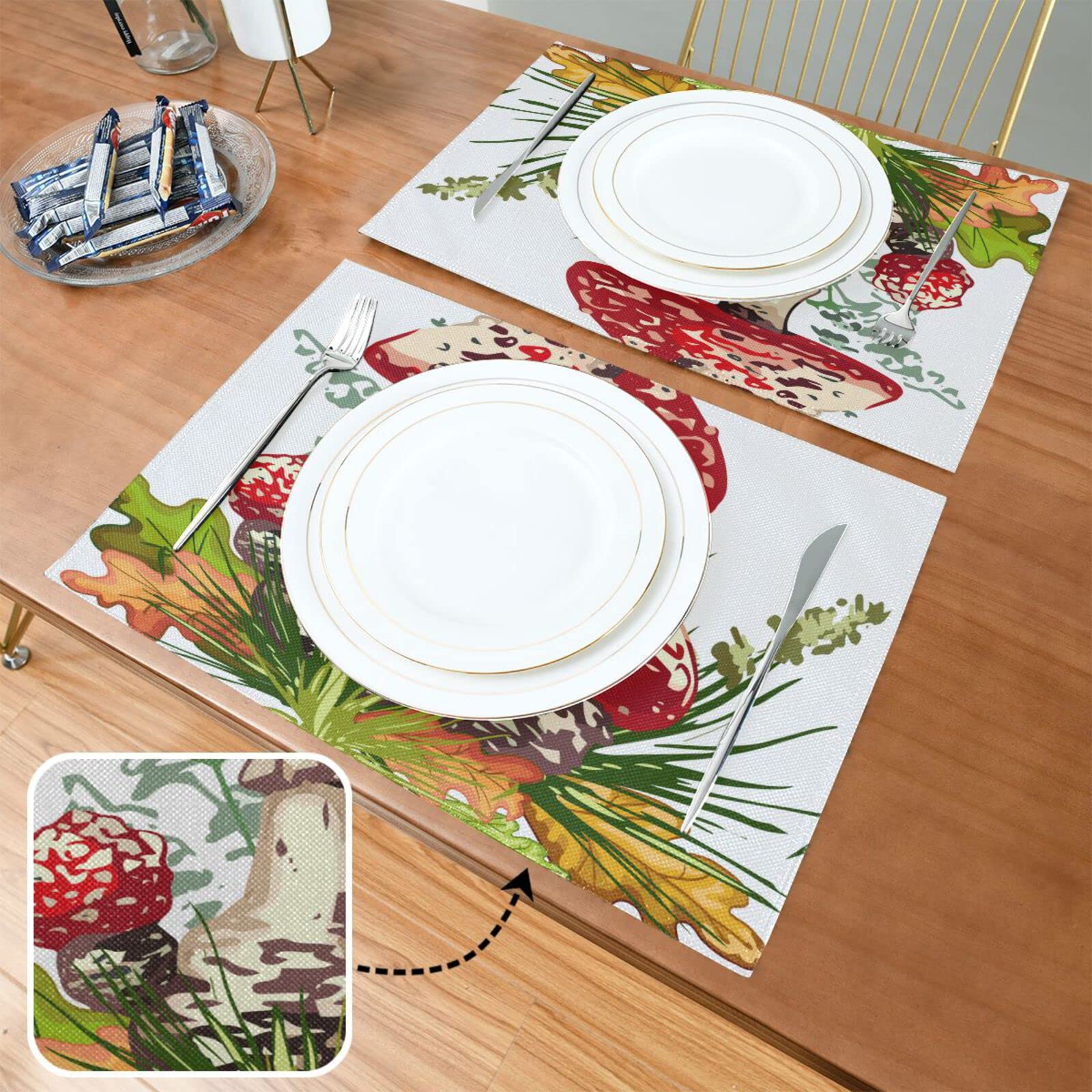 4 Pack Autumn Mushroom & Fall Leaves Placemats - 12x18 Inch Washable Heat-Resistant Cloth Table Mats for Kitchen & Dining Room Decor | Perfect for Thanksgiving, Fall Dinner Parties & Seasonal Home Decor