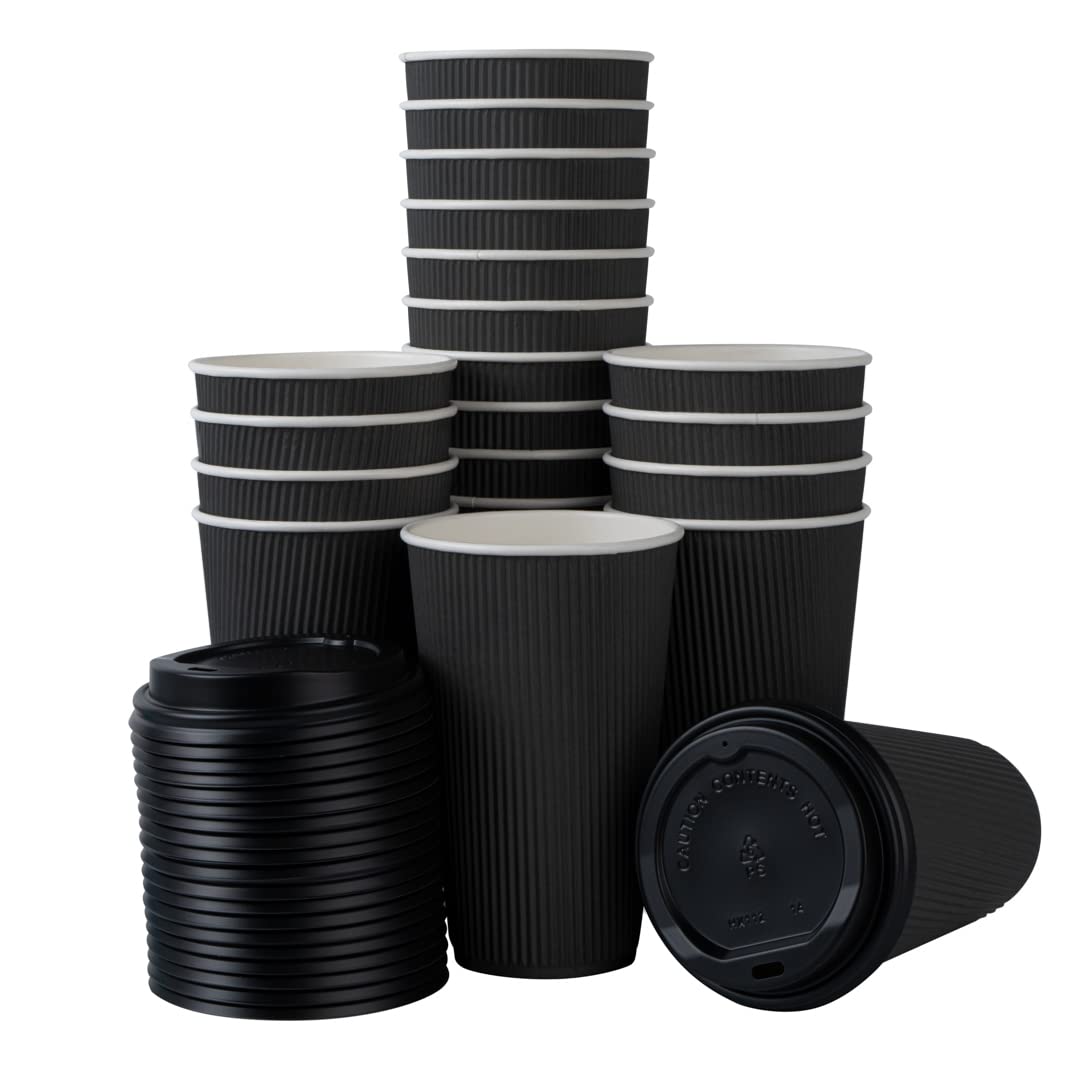 16oz Insulated Coffee Cups with Lids - 200 Pack Leakproof Disposable Hot Cups for Tea, Hot Cocoa & Lattes | Restaurantware Ripple Wall Design, Non-Slip Black Paper Cups | Perfect for Coffee Shops, Offices & Catering Events
