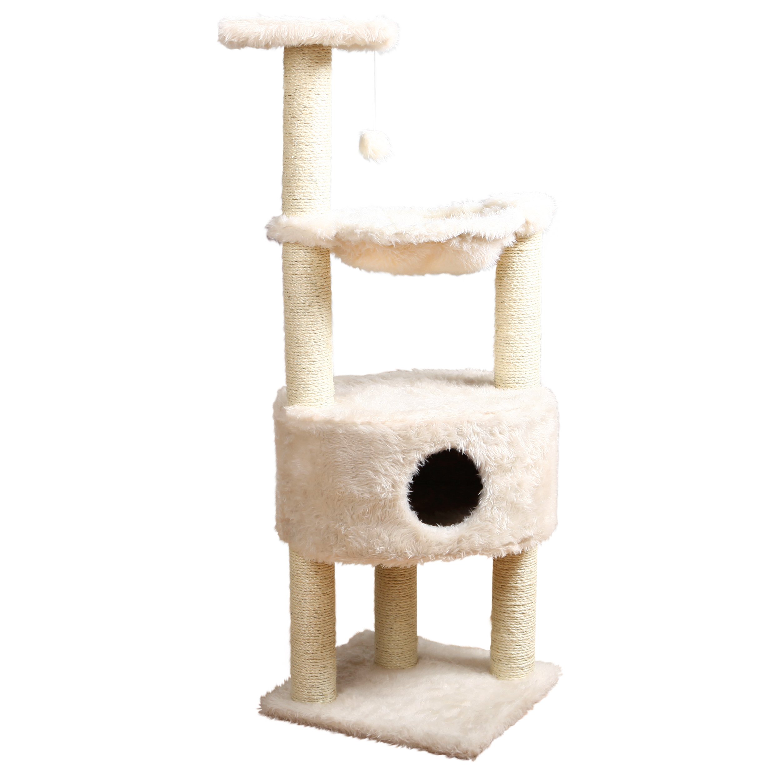 TRIXIE Baza Large Cat Tower with Scratching Posts, Condo, Hammock & Play Platform - Cream Color with Dangling Pom-Pom for Indoor Cats | Perfect for Play, Rest & Scratching Needs