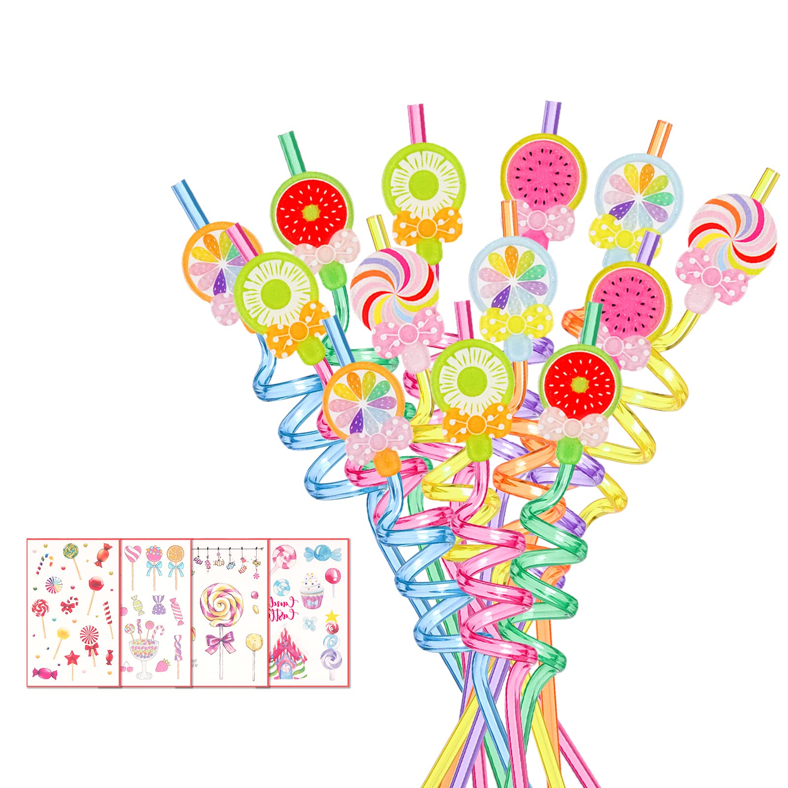 24 Pack Candy Straws with Tattoos - Fun Kids Birthday Party Favors & 2 Cleaning Brushes - Perfect for Birthday Parties, Baby Showers & Classroom Treats