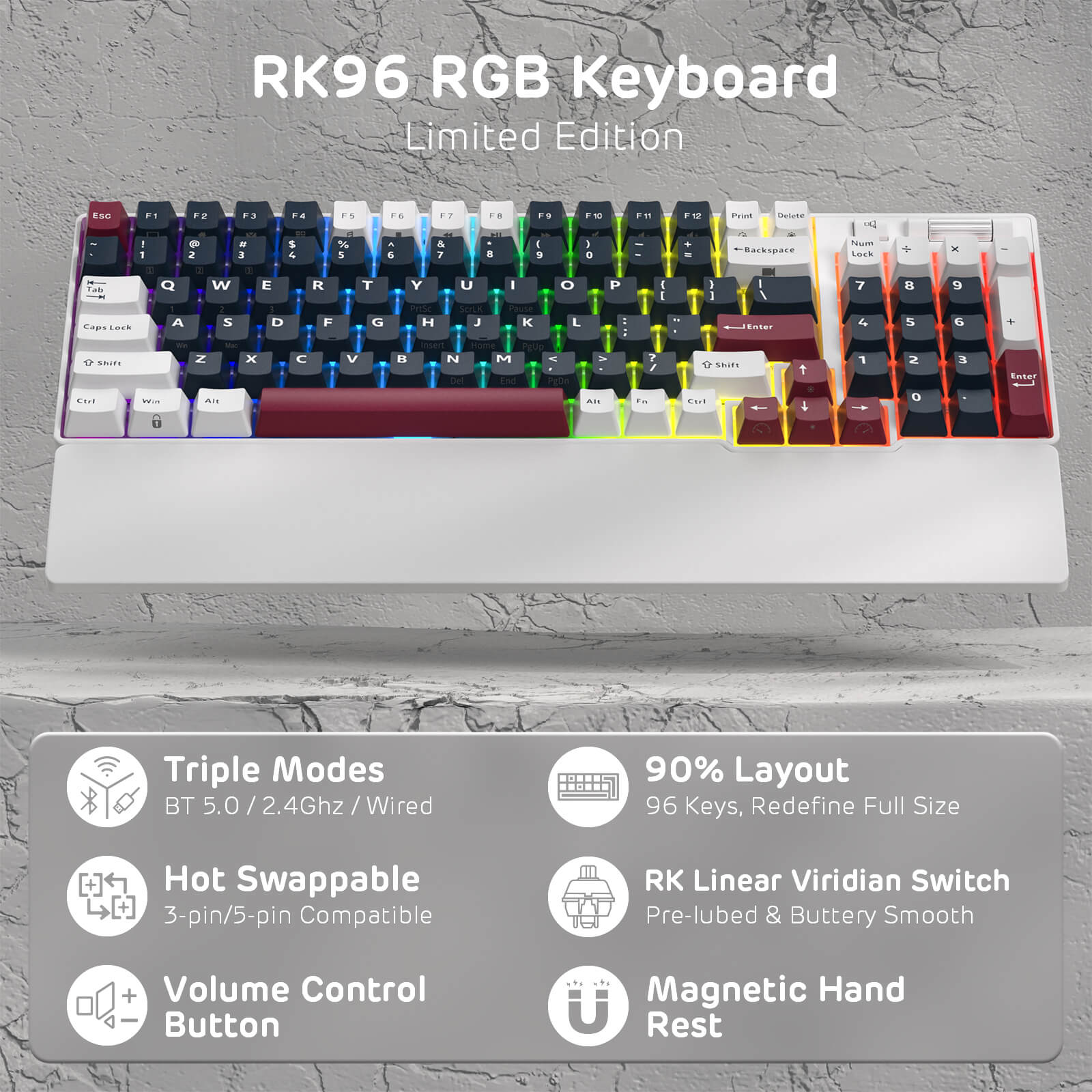 RK96 Wireless Mechanical Keyboard - Hot Swappable RGB Backlit with 96% Compact Layout | Perfect for Gaming, Office Work & Typing Enthusiasts