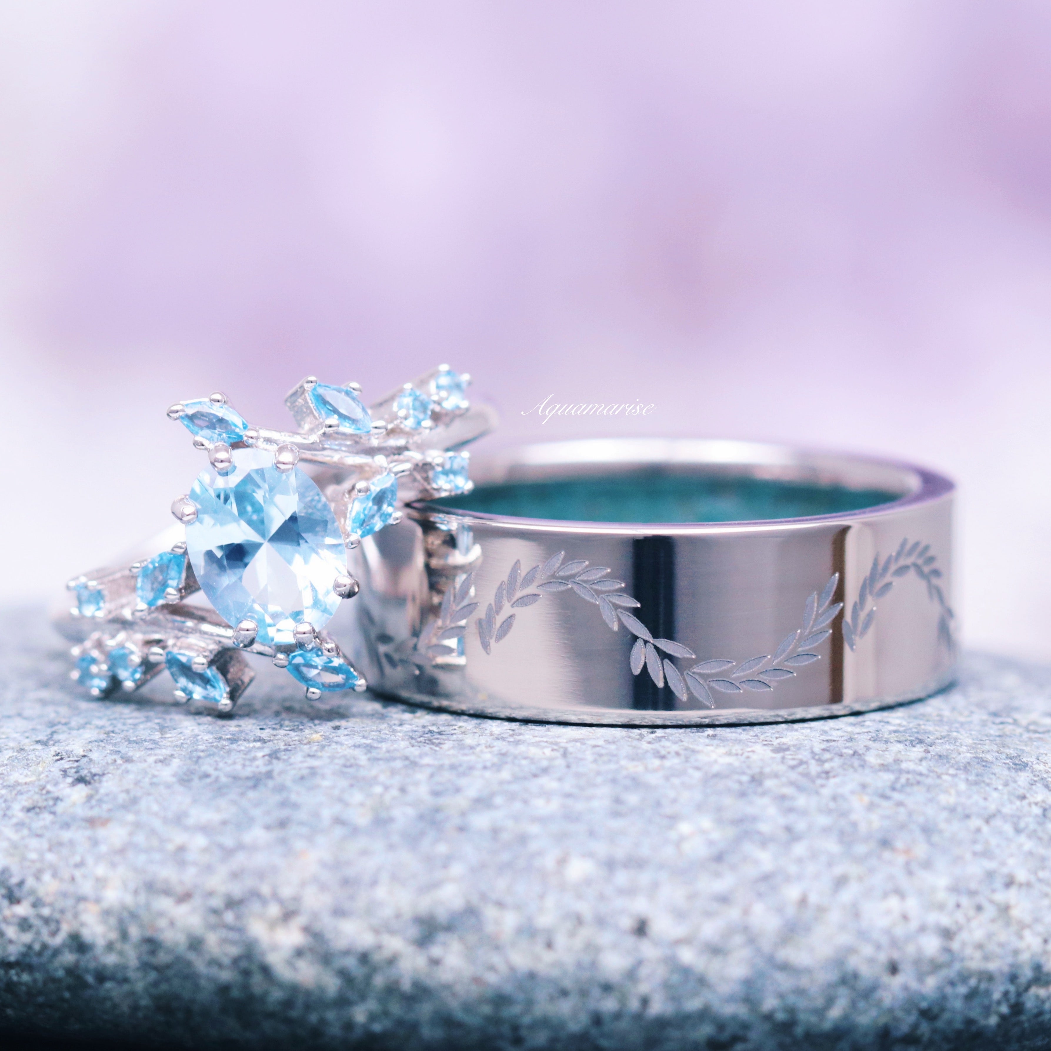 Aquamarine Fairy Leaf Engagement Ring - 14K White Gold Wedding Band for Women, Elegant Nature-Inspired Jewelry Gift for Brides, Anniversaries & Special Occasions