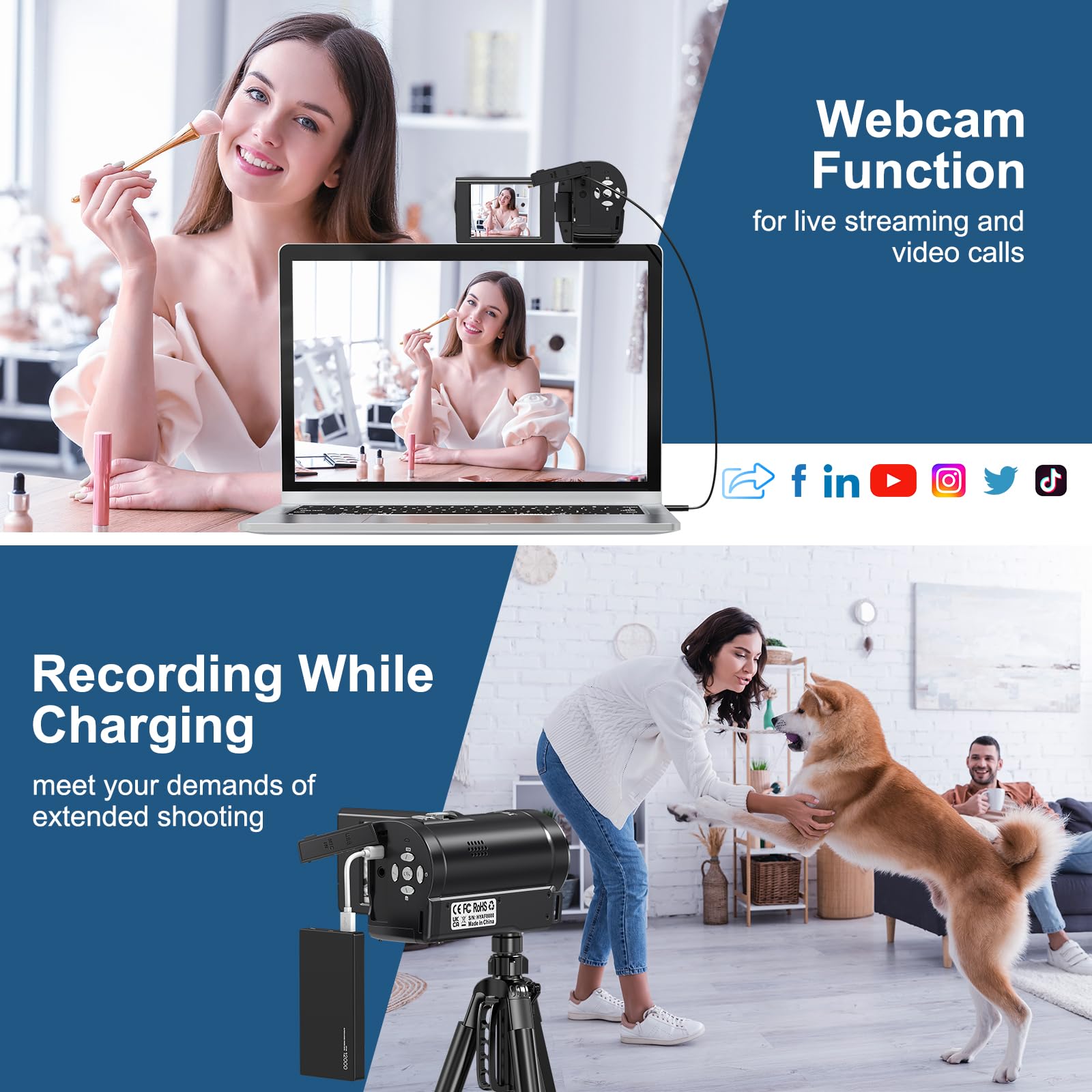 2.7K QHD 50MP Video Camera Camcorder with 16X Zoom & 270° Rotatable 2.8