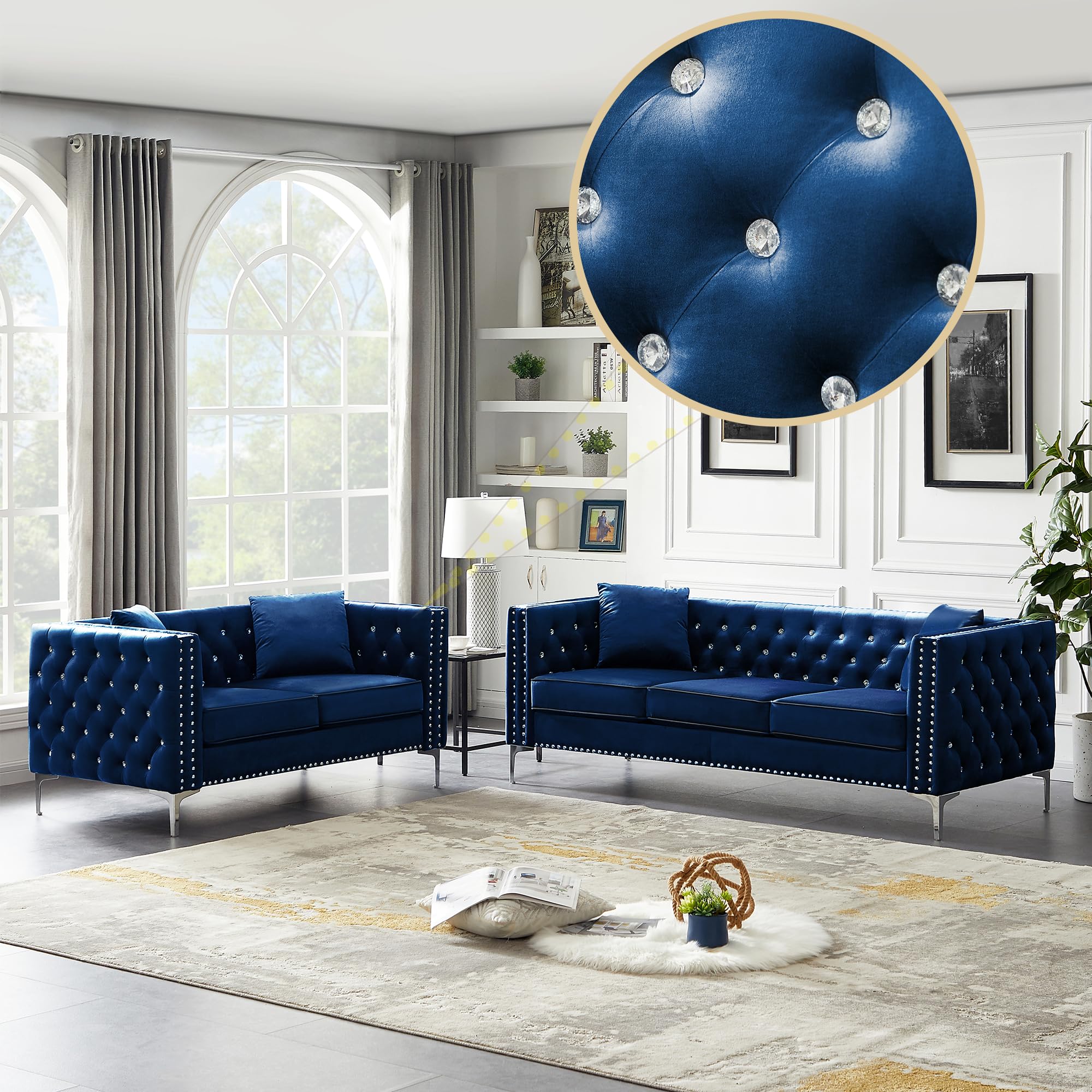 Harper & Bright Designs 2-Piece Blue Velvet Sofa Set with Jewel Buttons - 3-Seater Couch & Loveseat, Square Arm Modern Living Room Furniture with 4 Throw Pillows for Home, Office & Lounge Areas