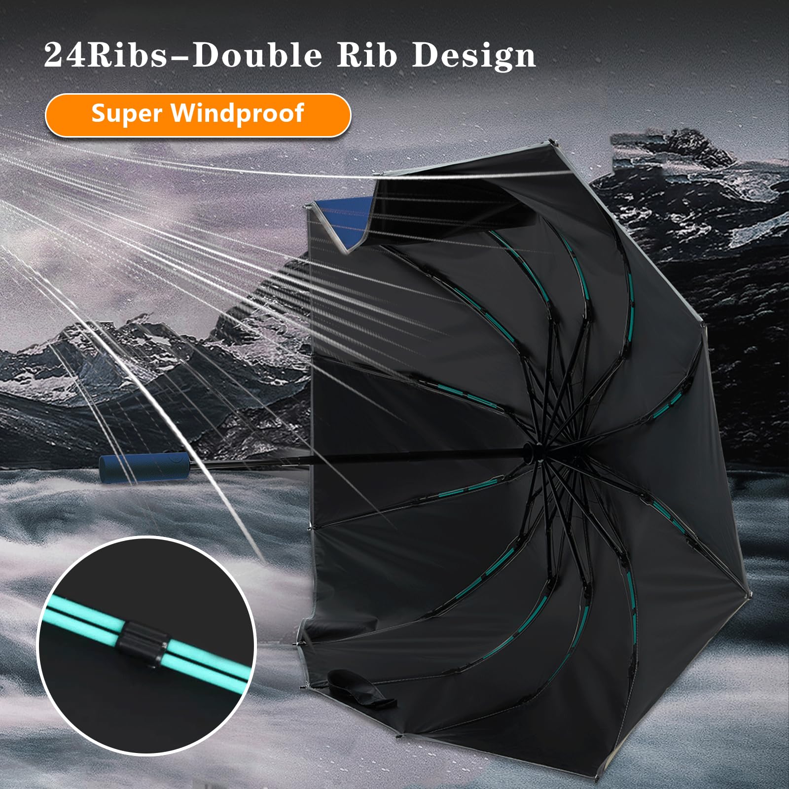 Large Double-Ribs Windproof Umbrella with Reflective Strips - Auto Open/Close Reverse Folding Compact Travel Umbrella for Rainy Days, Walking, Hiking & Outdoor Activities