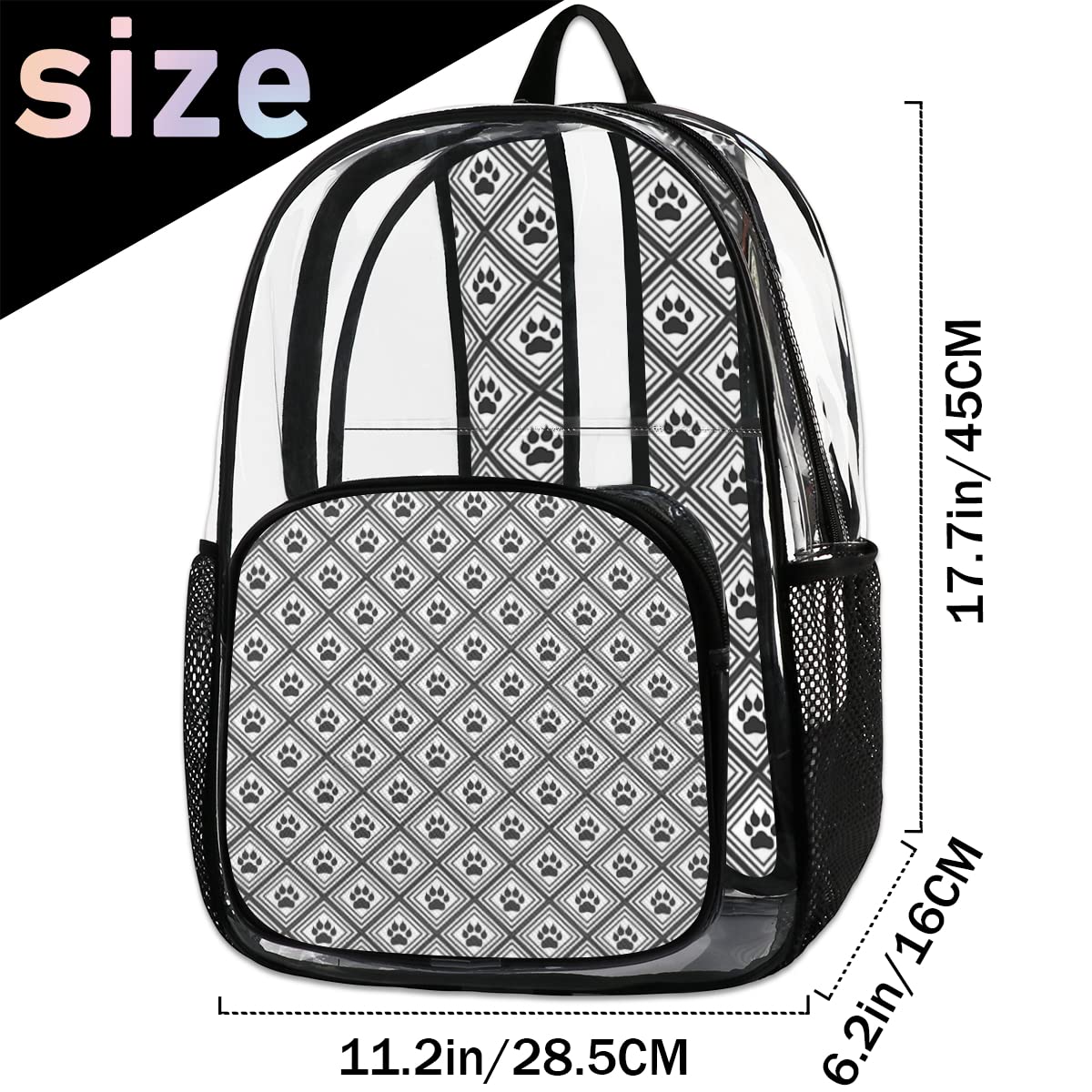 Animal Paw Print Rhombus Clear PVC Backpack - Heavy Duty Transparent Stadium Approved Large Laptop Backpack for Work, Travel, Sports & Concerts | Perfect for School, Music Festivals and Security Checkpoints