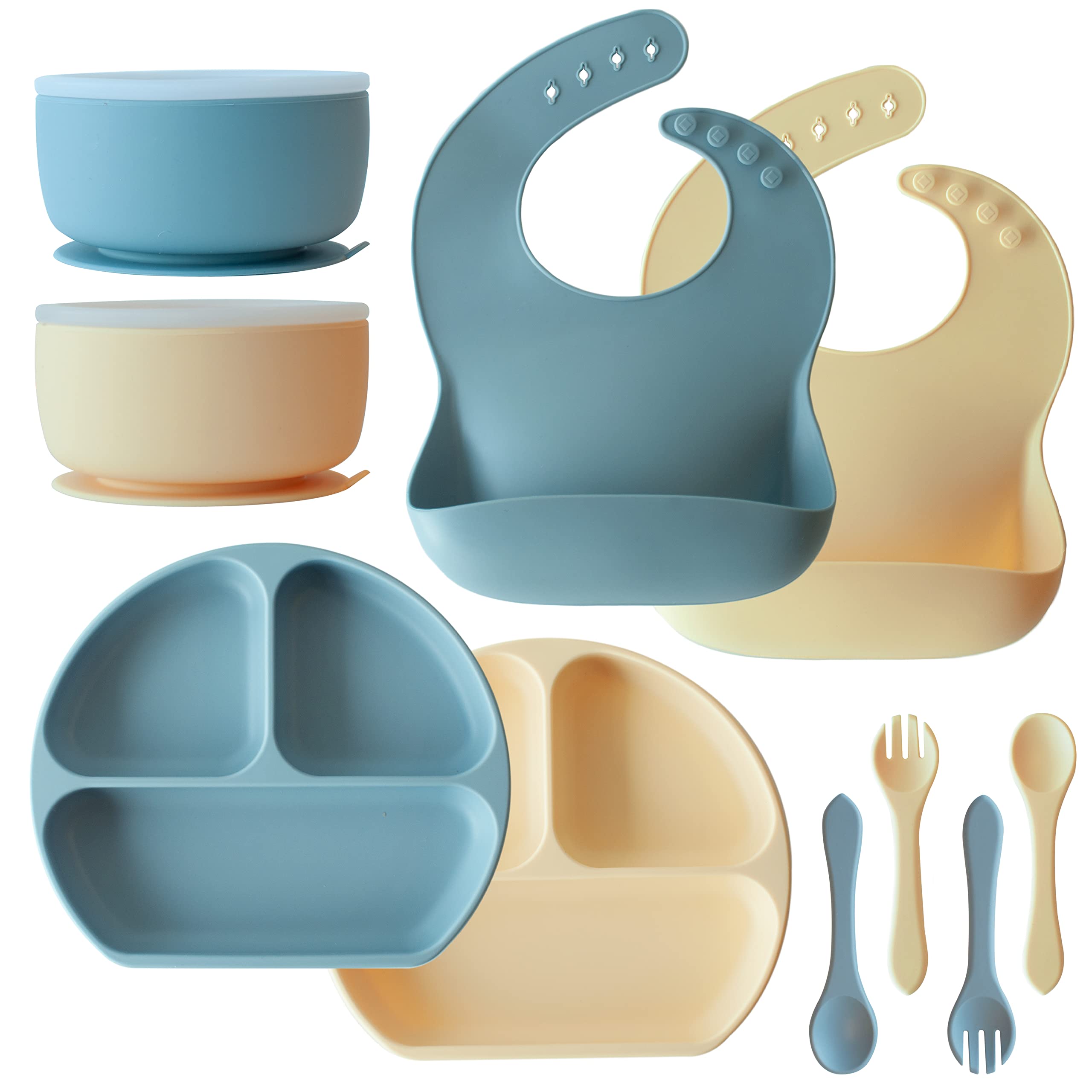 10-Piece BPA-Free Silicone Baby Feeding Set - 2 Suction Plates, 2 Bowls, 2 Bibs, 2 Spoons & 2 Forks | Microwave & Dishwasher Safe | Perfect for Toddlers & Infants at Home or Travel | o1baby