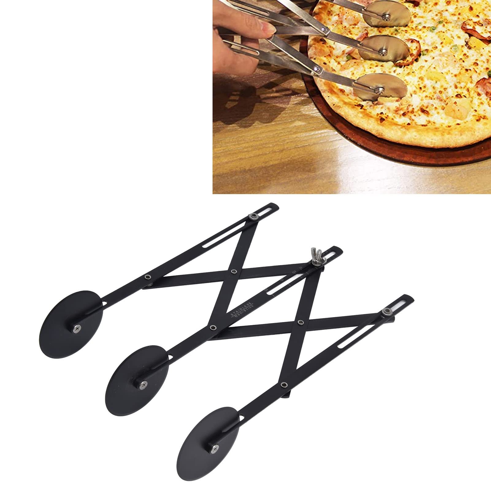 3-Wheel Stainless Steel Pizza & Pastry Cutter - Adjustable Dough Roller for Precise Cutting | Non-Stick Black Design | Perfect for Baking Pies, Pasta & Homemade Pizza Dough