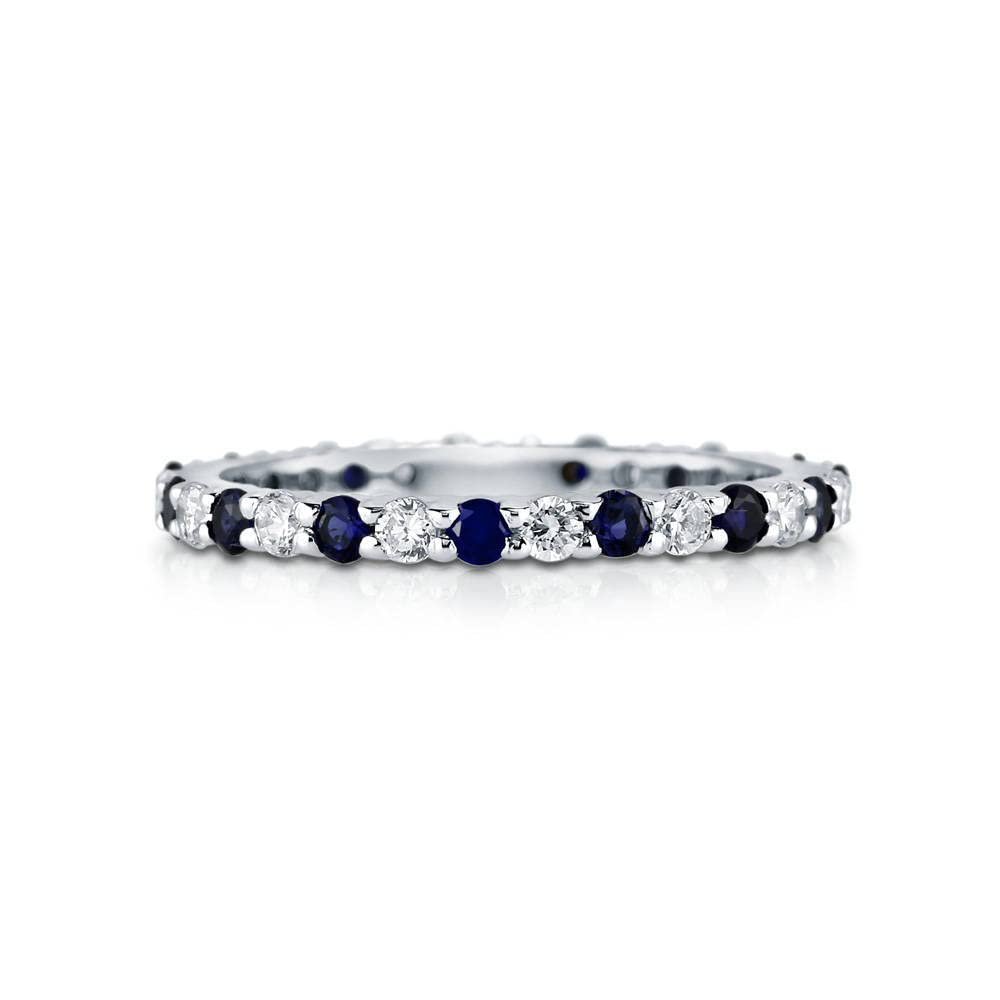Sterling Silver Women's Wedding Ring with Simulated Blue Sapphire & Cubic Zirconia - Round Cut Pave Setting, Rhodium Plated Size 4-10 - Perfect for Anniversaries, Engagements & Special Occasions