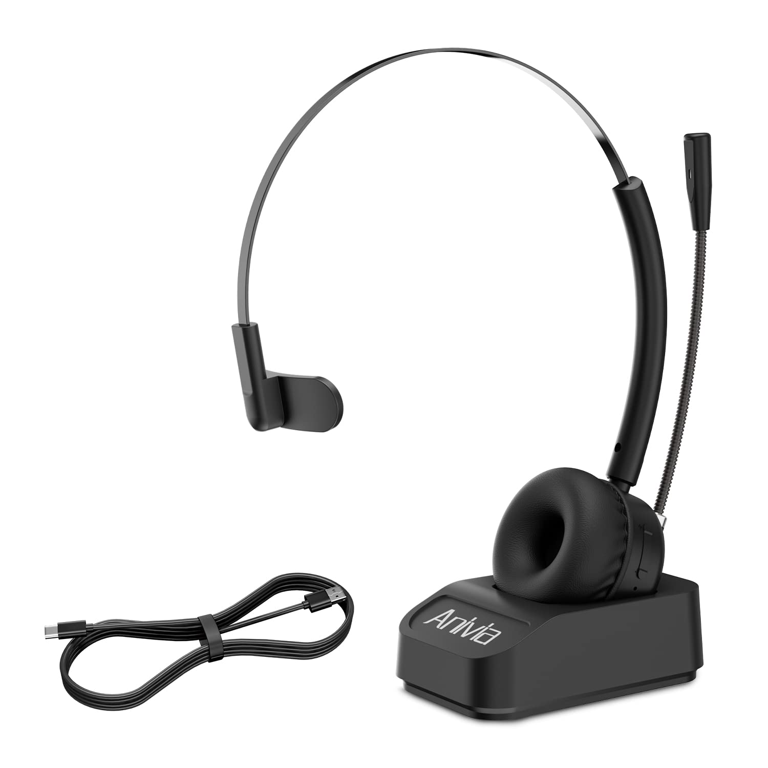 Computer Headset On-Ear Headphones with AI Noise Cancelling Microphone, Charging Base for PC Laptop - A8plus Black for Gaming, Online Meetings, and Remote Work