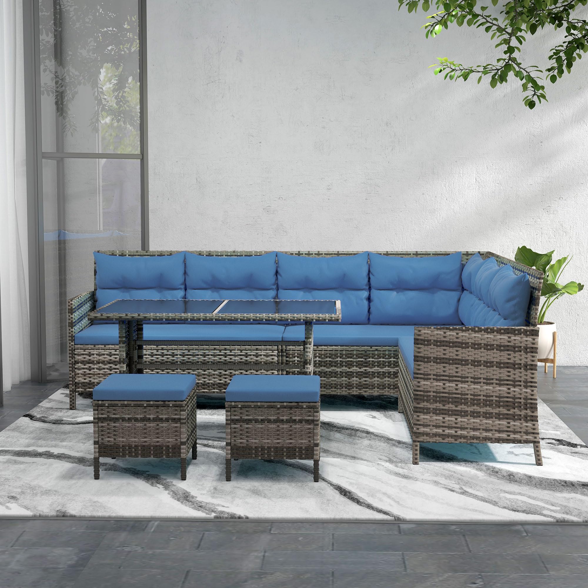 Outsunny 6-Piece Patio Dining Set - Wicker Outdoor Furniture with Cushions, Dining Table & Ottomans - Blue Rattan Garden Sofa Set for Backyard, Poolside & Outdoor Relaxation