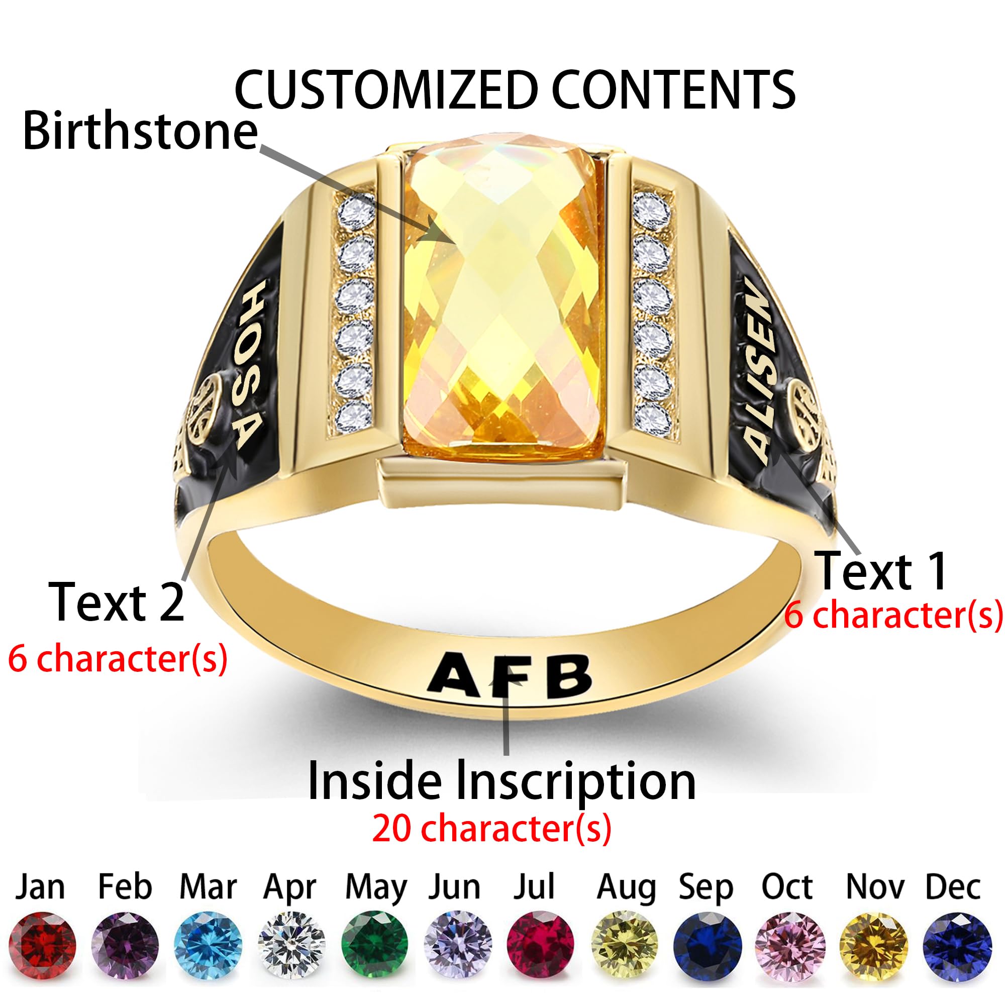 Custom Personalized Class Rings for Men - 925 Sterling Silver with Two Birthstones & Gold Plating | High School Graduation Rings Size 5-15 | Perfect for Commencement Gifts, Alumni Reunions & Milestone Celebrations