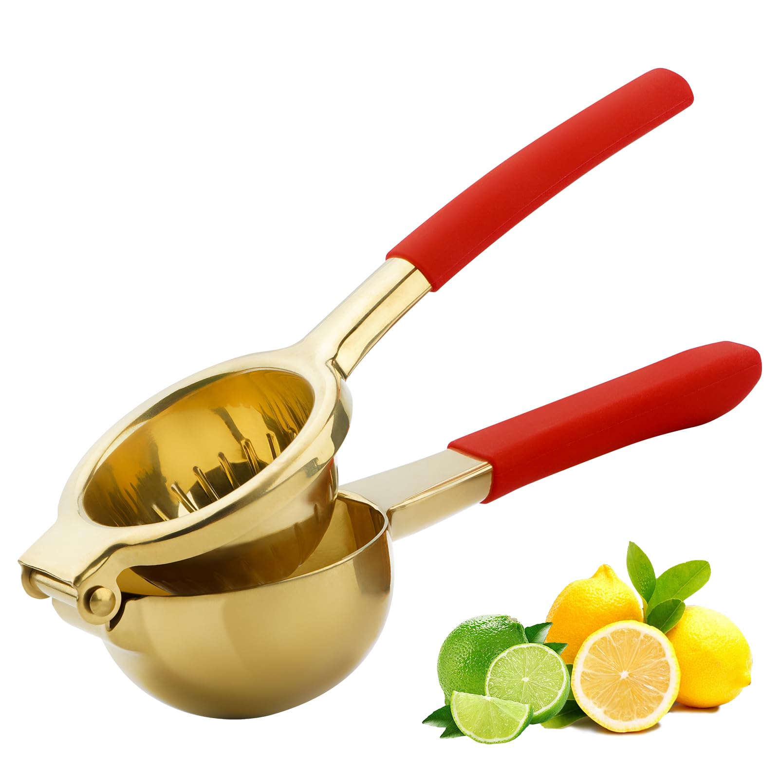 Premium 304 Stainless Steel Lemon Squeezer & Citrus Press Juicer - Heavy Duty Manual Lime Juicer with Non-Slip Grip (Gold/Red) - Perfect for Cocktails, Cooking & Healthy Juicing at Home