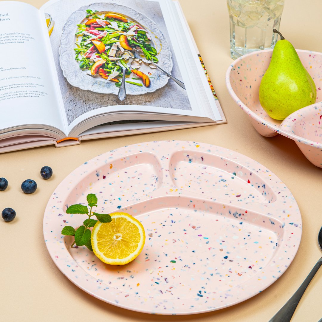 2-Piece Confetti Divided BBQ Plates Set - Pink Melamine Serving Dishes for Outdoor Picnics, Parties & Grilling