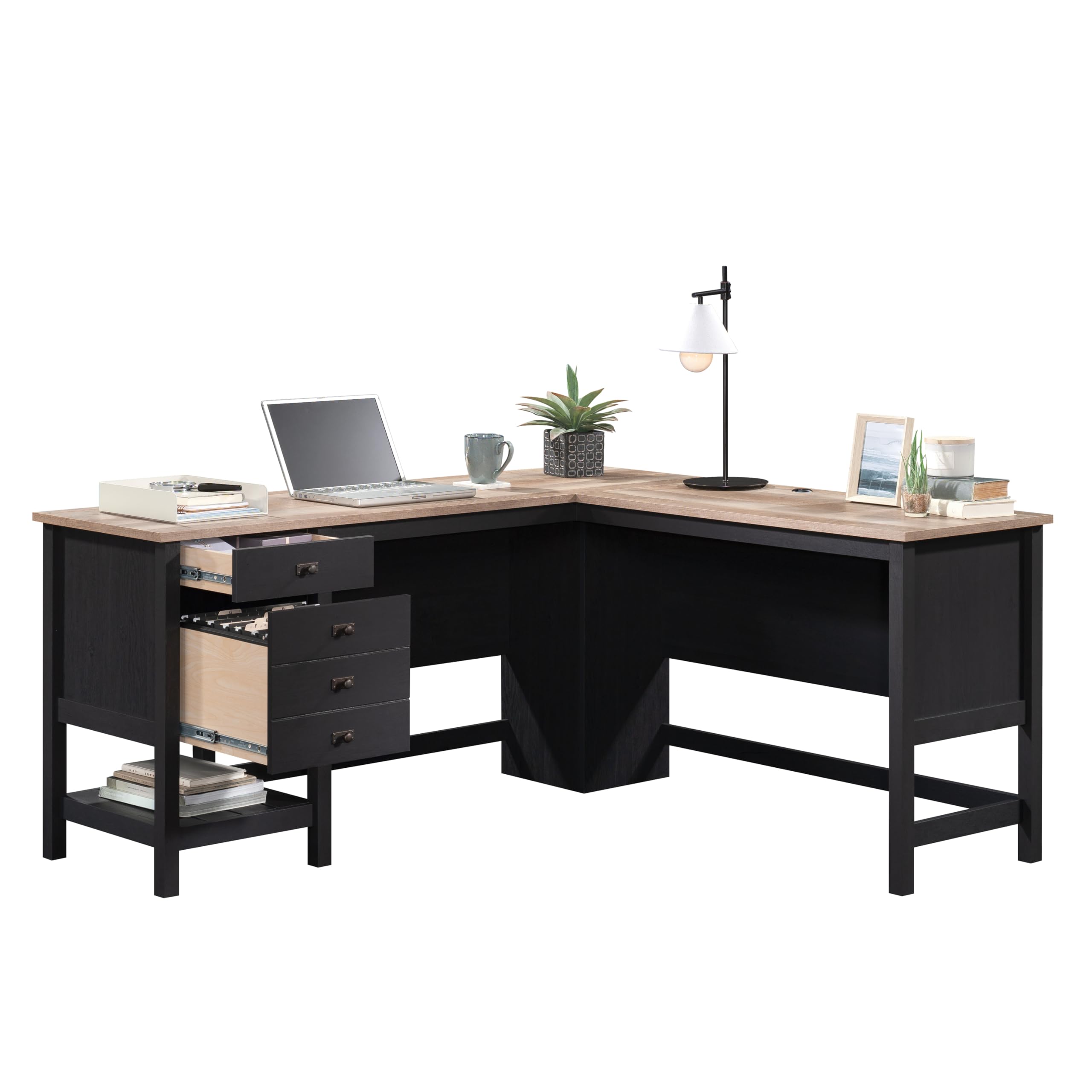 Sauder Cottage Road L-Shaped Computer Desk with Drawers & File Cabinet - Home Office Desk with Cable Management in Raven Oak Finish - Perfect for Small Spaces & Work from Home Setup