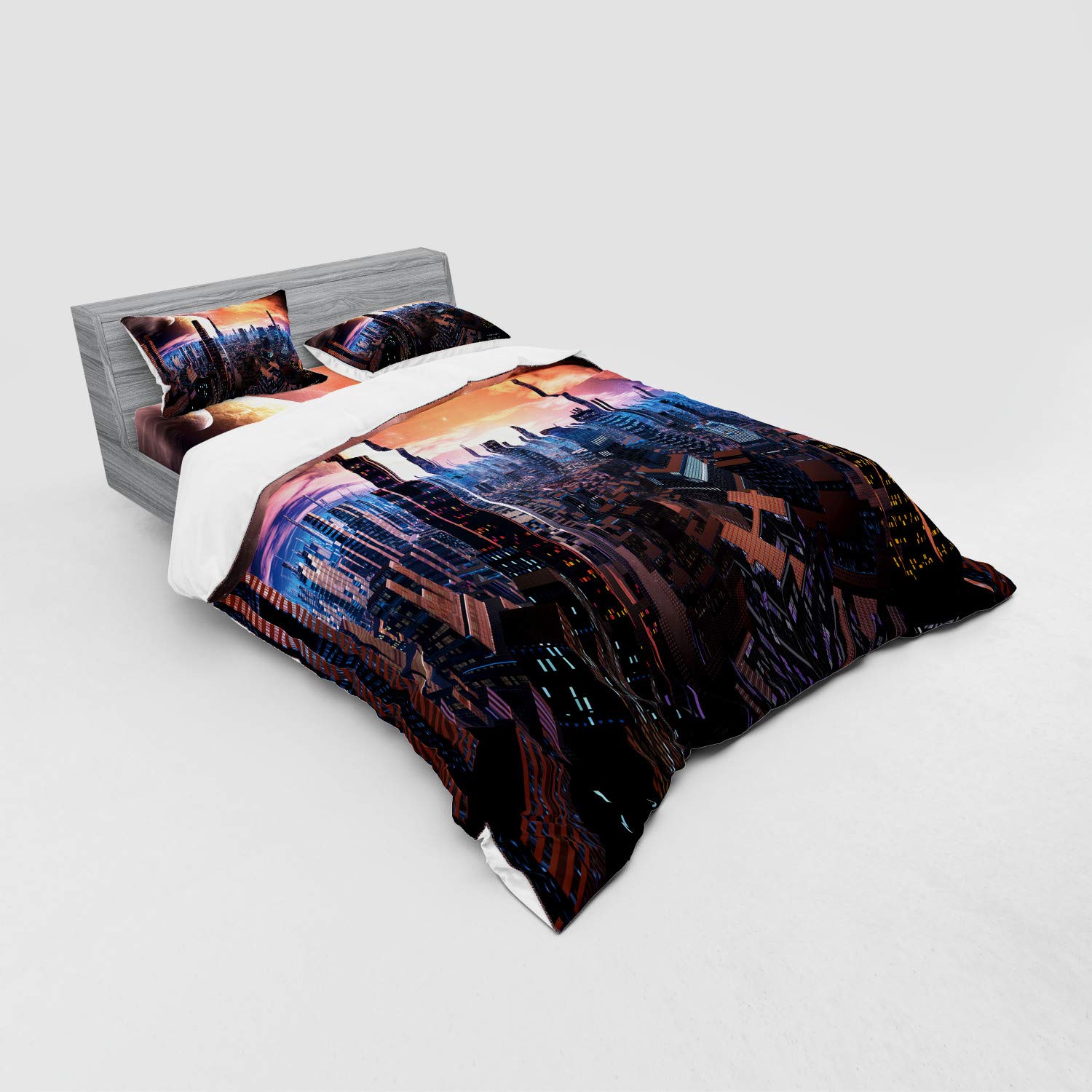 Ambesonne Futuristic Cityscape Duvet Cover Set - 4 Piece Sci-Fi Bedding with Shams & Fitted Sheet, Queen Size, Orange Blue Cinnamon - Perfect for Space-Themed Bedrooms & Sci-Fi Lovers