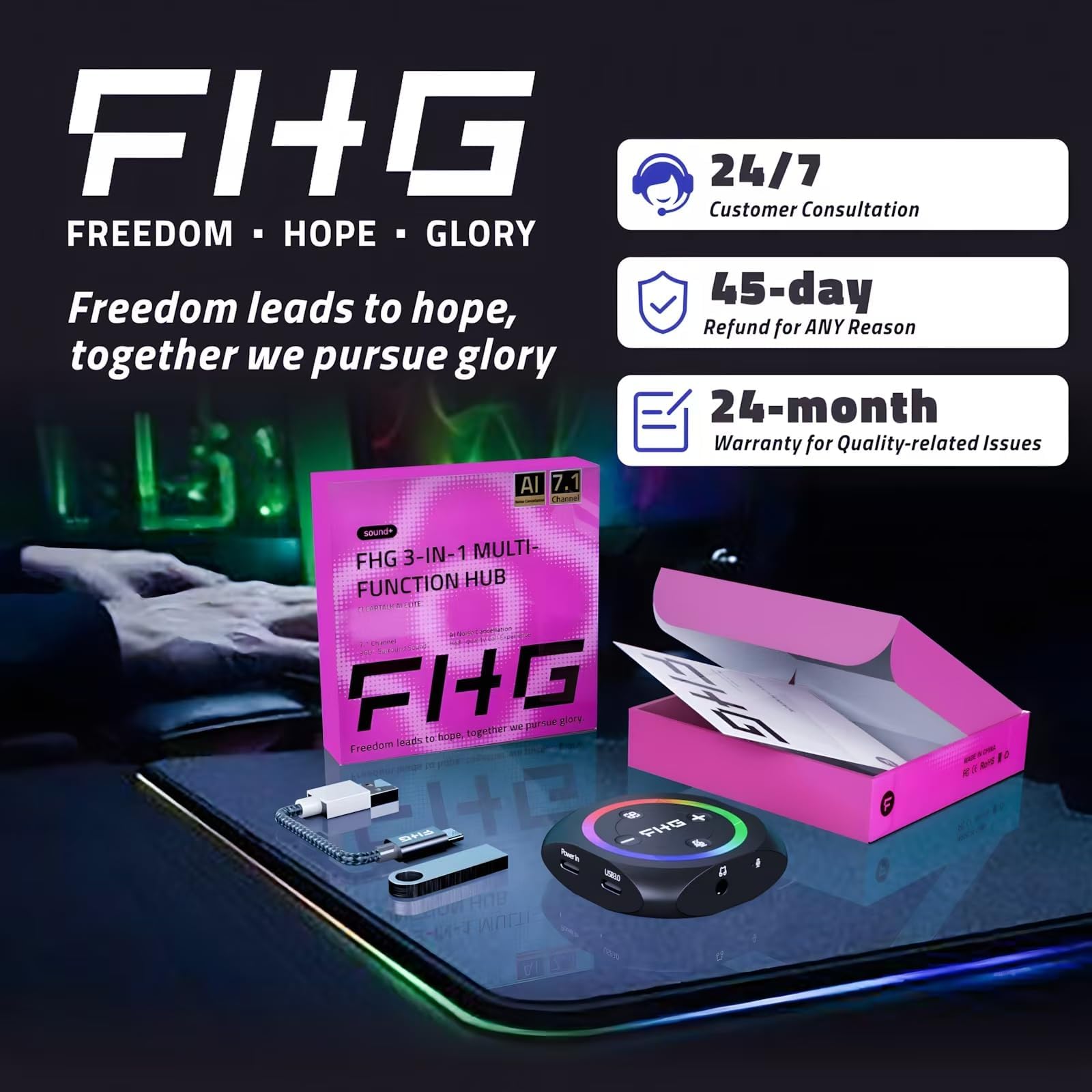 FHG DAC External USB Sound Card - 7.1 Virtual Surround Sound Gaming DAC with 5-in-1 Hub | AI Noise Cancellation for Gaming Headsets, PS4, PS5, Xbox One | Perfect for Competitive Gaming & Streaming Setup