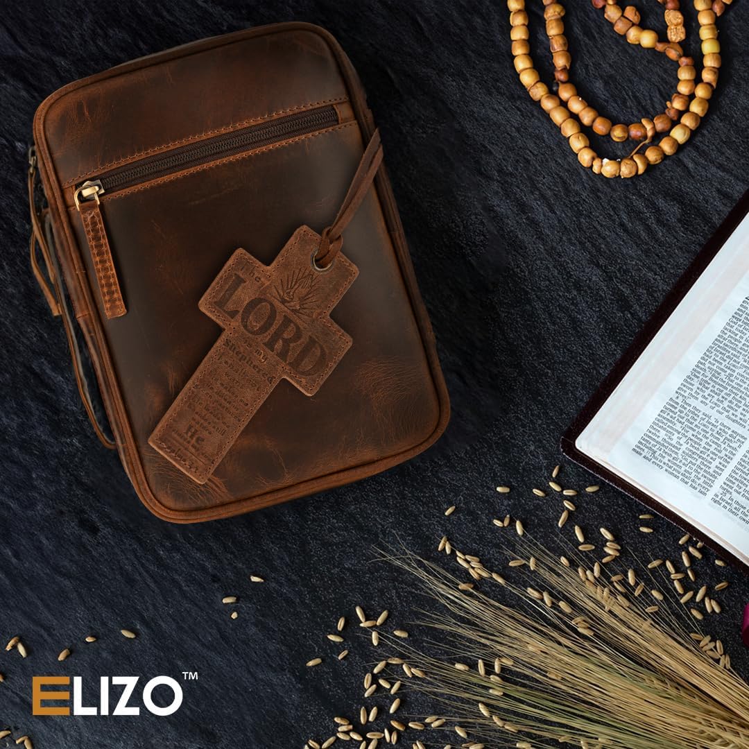 ELIZO Genuine Leather Bible Cover for Men & Women - Zippered Church Bible Case with Bookmark - Small Religious Book Protector - Perfect Christian Gift for Church, Travel & Daily Devotion