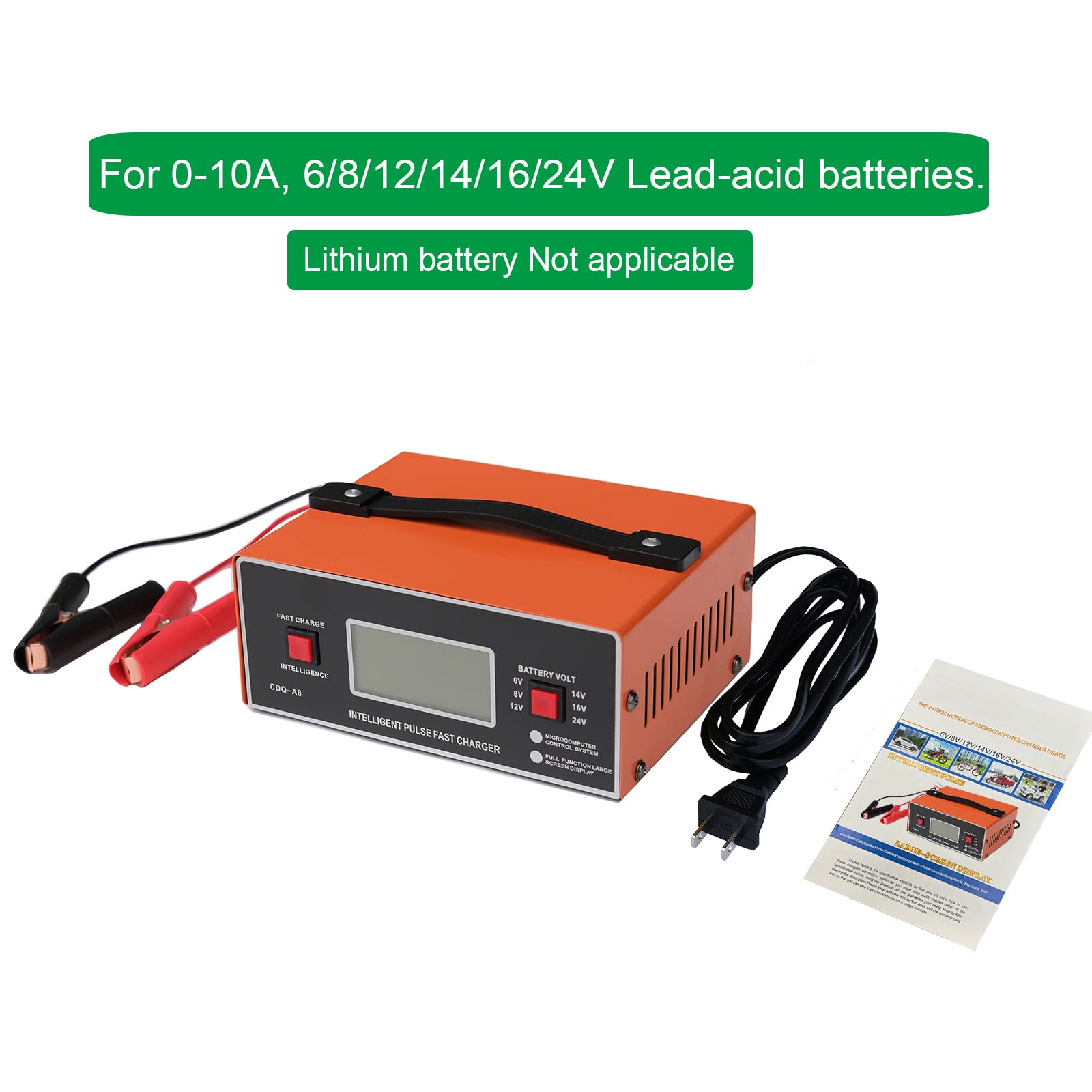 8V 10A Smart Car Battery Charger & Maintainer for 6/8/12/14/16/24V Lead-Acid Batteries - Automatic Charger with Cable Clamps & Handle - Perfect for Automotive, Golf Carts, Marine, RV & Power Sports (Orange)