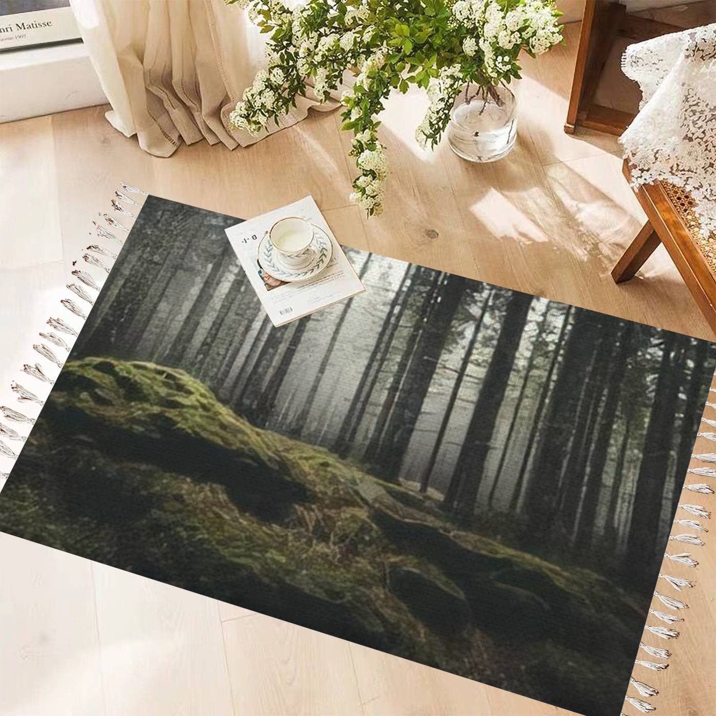 Boho Shag Area Rug - Wilderness Forest Landscape with Pine Trees & Moss on Rocks, Fringe Tassel Carpet for Nursery, Playroom, Living Room, Bedroom Decor - Soft, Washable Rug for Kids & Adults (Perfect for Cozy Home, Classroom & Boho Chic Spaces)