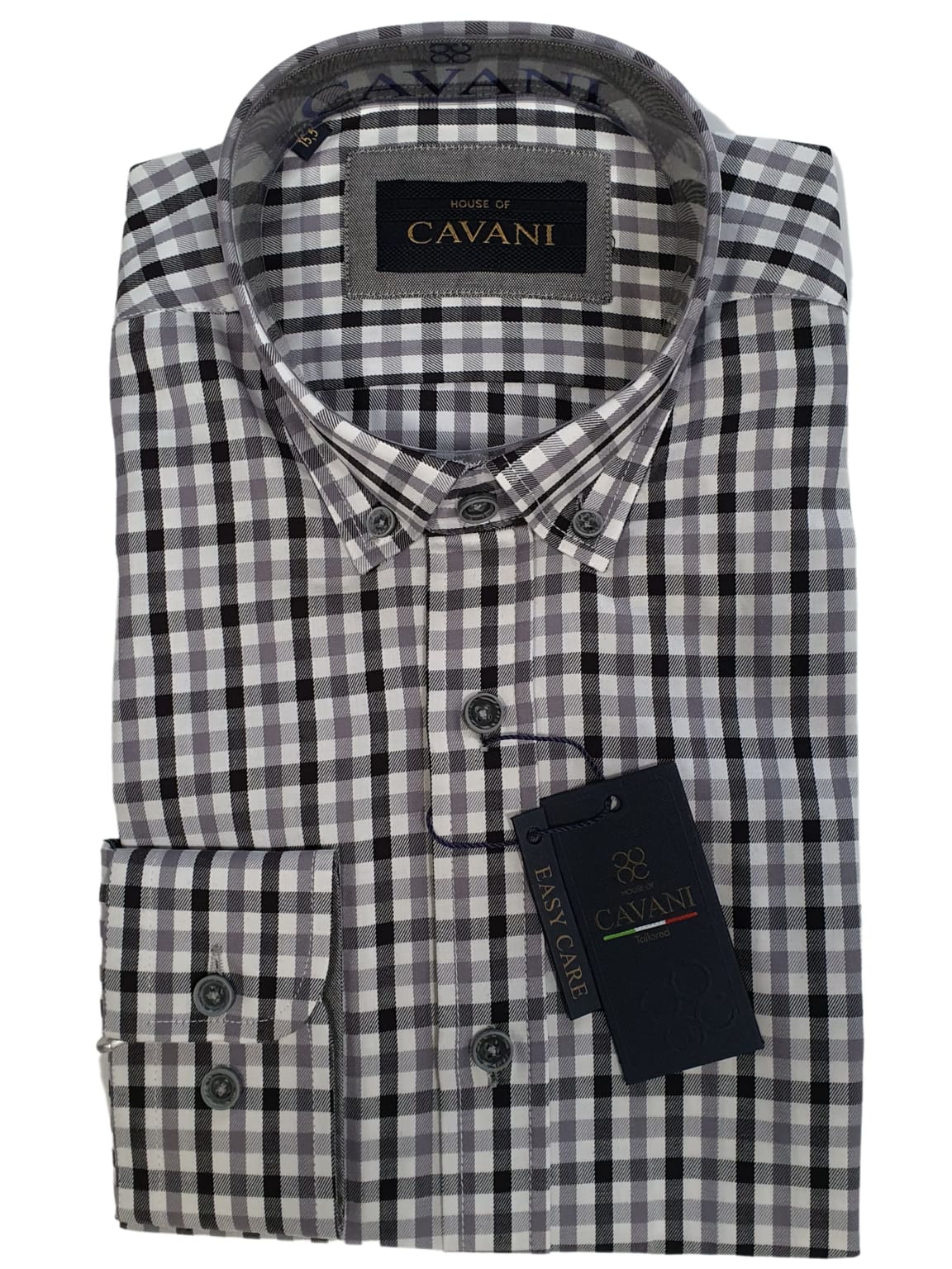 Cavani Men's Grey Gingham Button Down Collar Shirt | Slim Fit Casual Dress Shirt for Work & Business | Office, Date Night & Formal Occasions