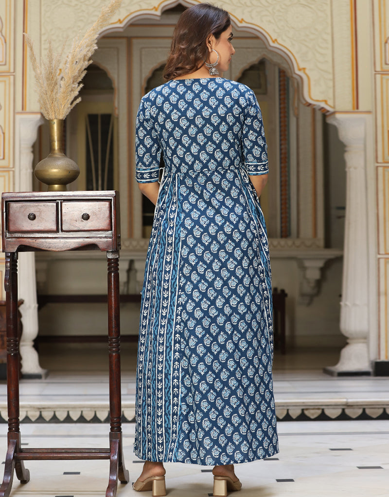 Elegant Blue Cotton Designer Gown with Embroidery & Mirror Work Details - Ready to Wear Formal Dress for Parties, Weddings & Special Occasions